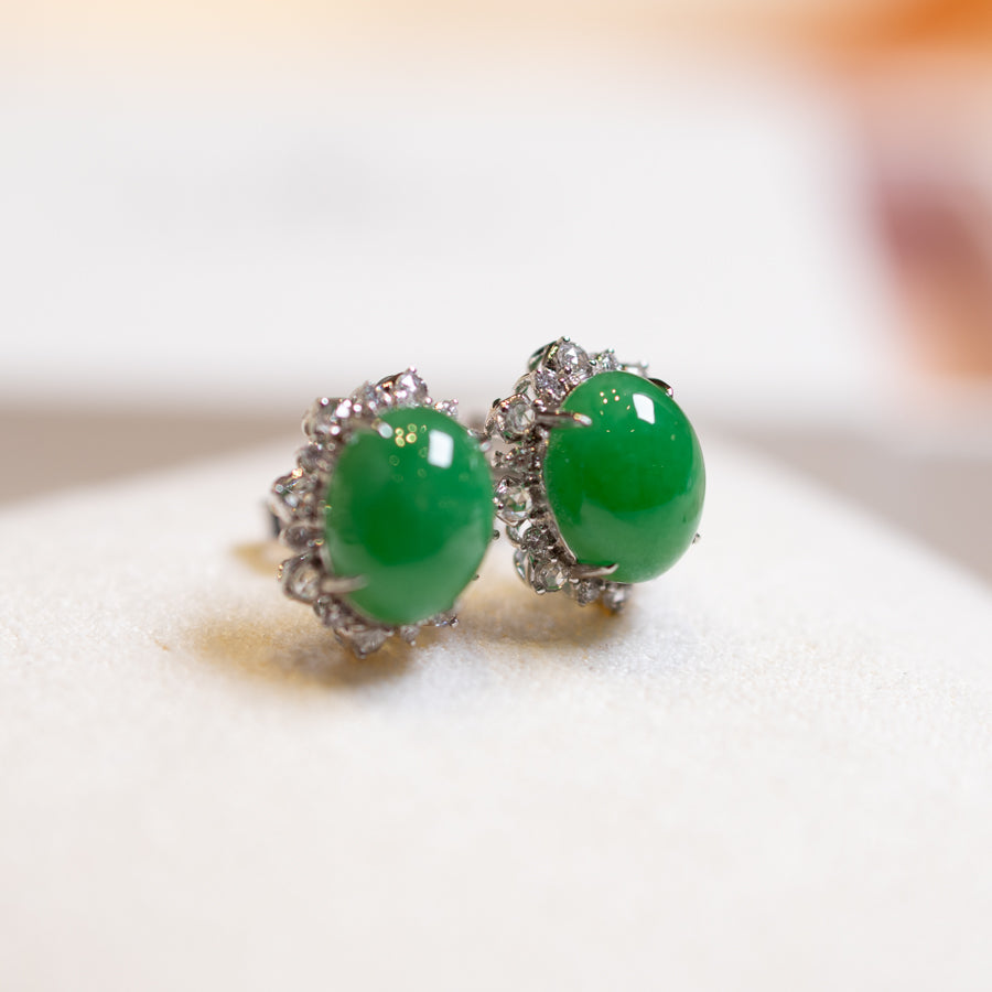Apple Green Jadeite Stud Earrings - Natural Jade, 18k White Gold Diamonds