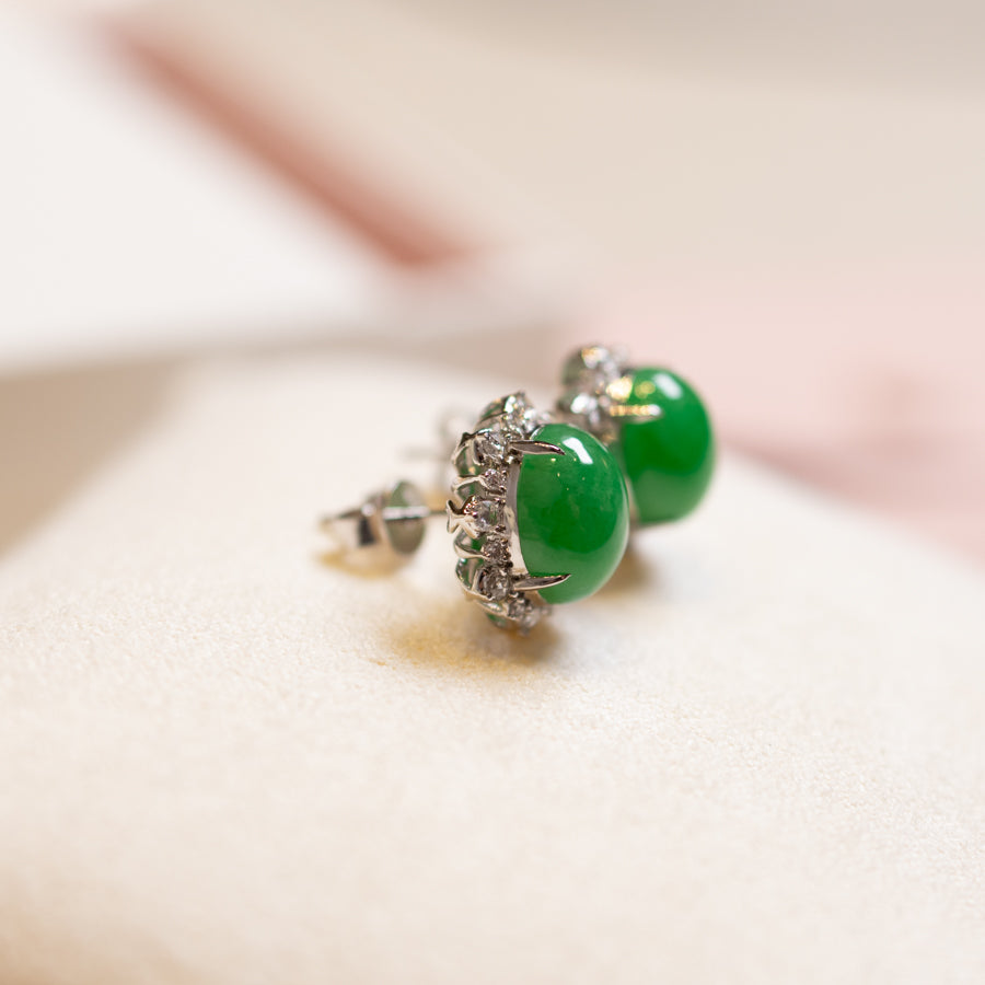 Apple Green Jadeite Stud Earrings - Natural Jade, 18k White Gold Diamonds