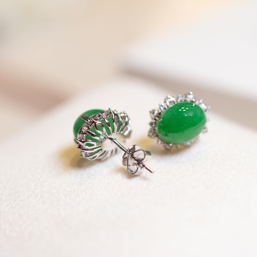 Apple Green Jadeite Stud Earrings - Natural Jade, 18k White Gold Diamonds