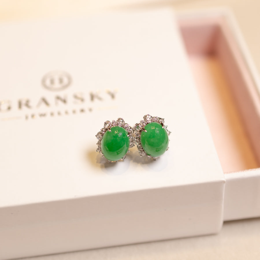 Apple Green Jadeite Stud Earrings - Natural Jade, 18k White Gold Diamonds