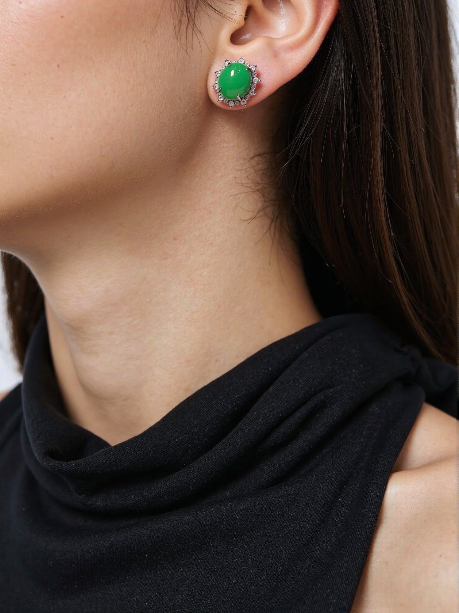 Apple Green Jadeite Stud Earrings - Natural Jade, 18k White Gold Diamonds
