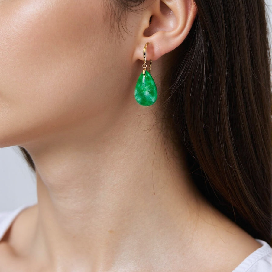 Imperial Green Pear-Shaped Drop Jade Earrings in 18k Yellow Gold