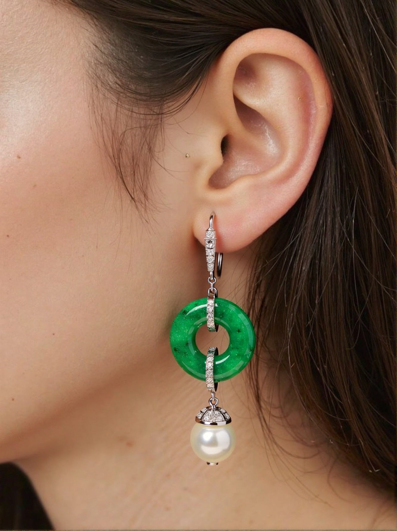 18k White Gold Natural Green Jade Donut Disc Earrings with Diamond Accents and Pearl Drop