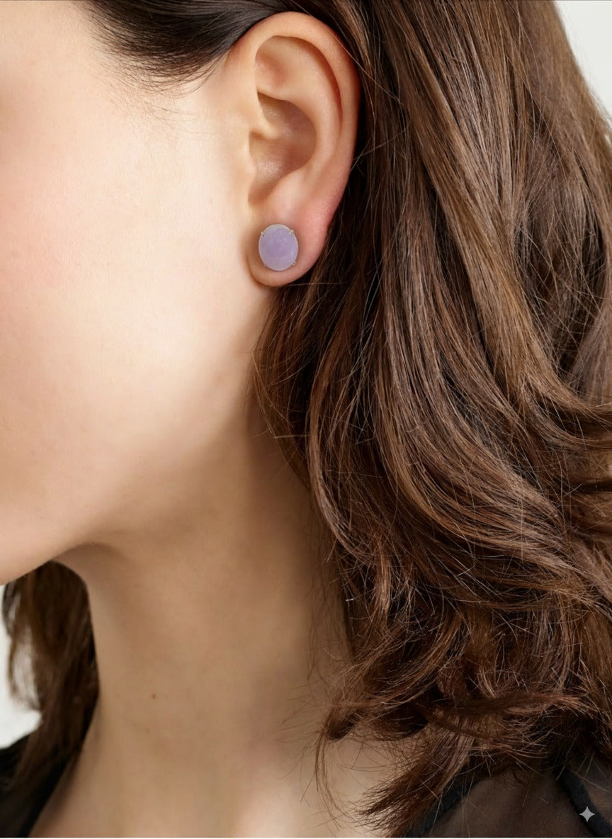 Exquisite Purple Cabochon Jadeite Stud 18K White Gold Earrings – Authentic Burmese Jadeite