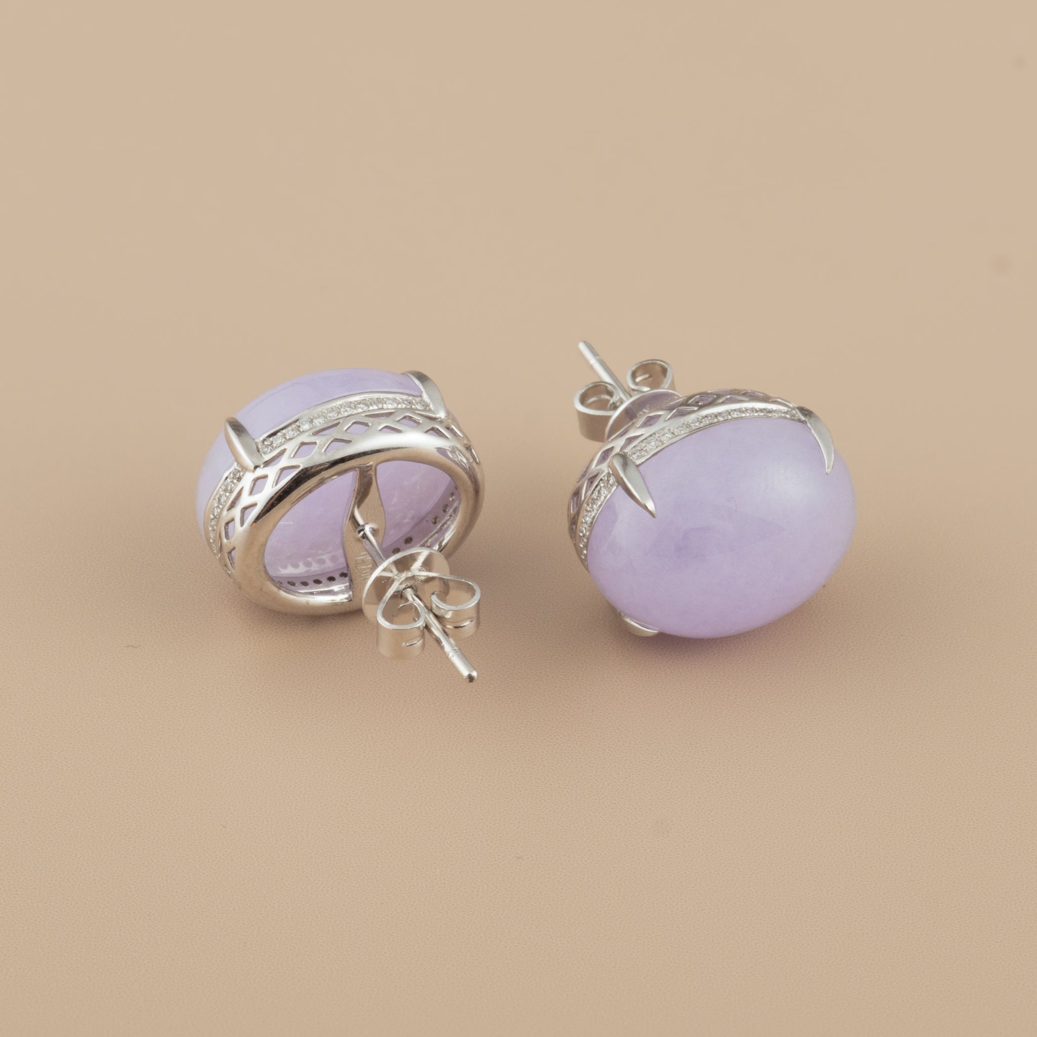 Exquisite Purple Cabochon Jadeite Stud 18K White Gold Earrings – Authentic Burmese Jadeite