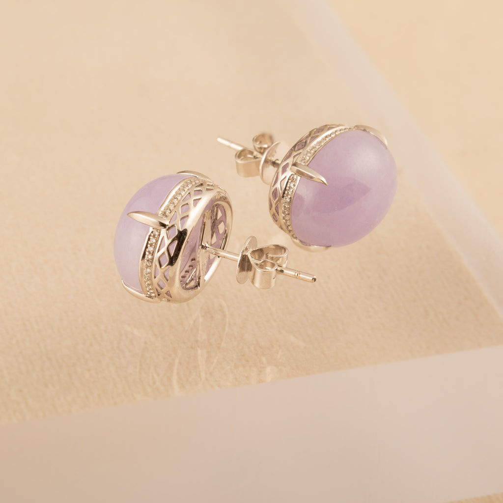 Exquisite Purple Cabochon Jadeite Stud 18K White Gold Earrings – Authentic Burmese Jadeite