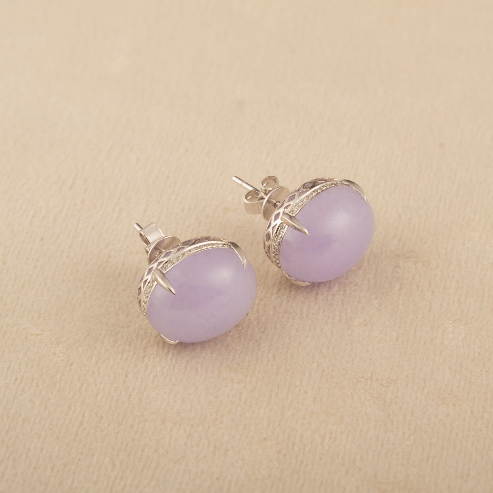 Exquisite Purple Cabochon Jadeite Stud 18K White Gold Earrings – Authentic Burmese Jadeite