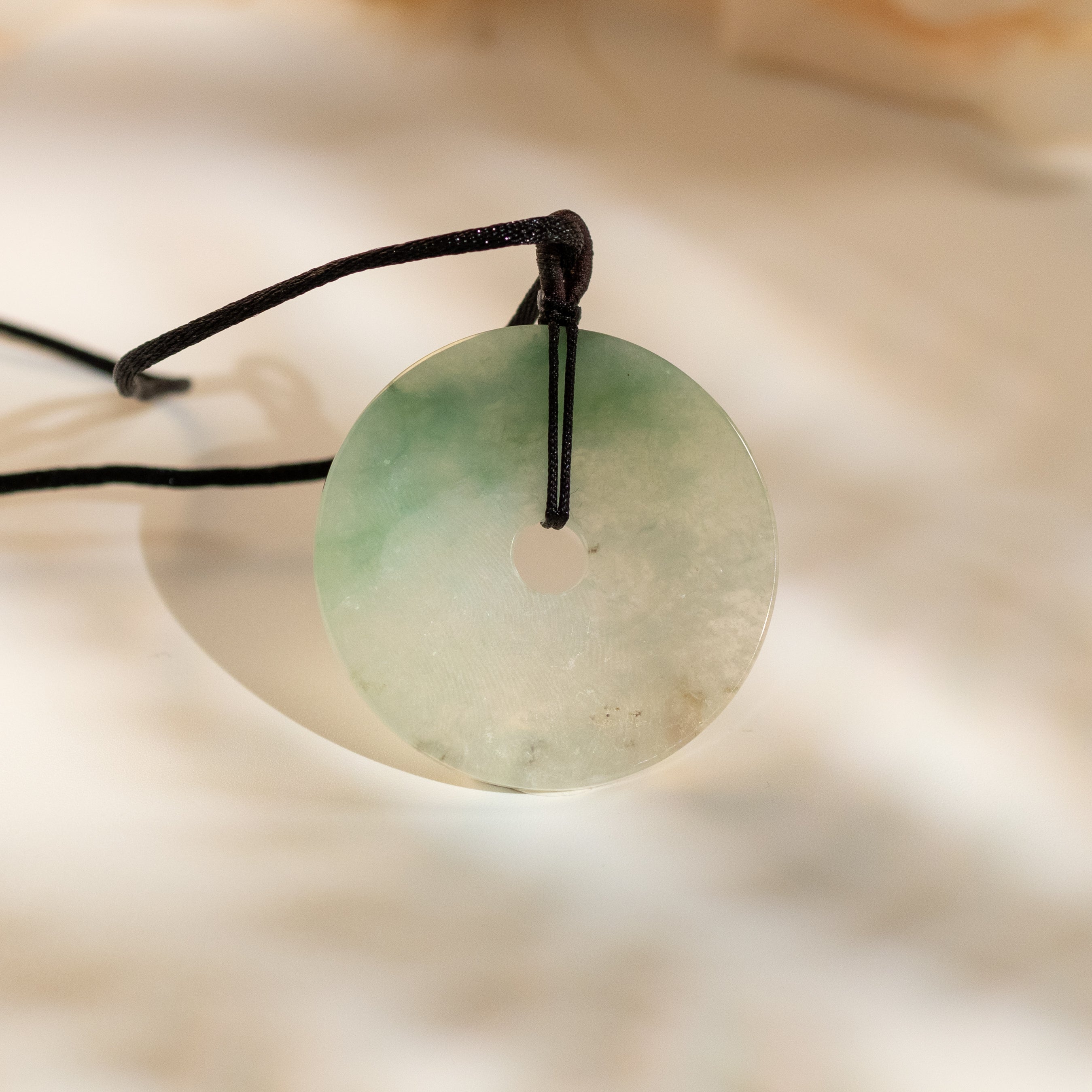 Gradient Bluish Green Jade Disc Pendant Necklace with Adjustable Black Cord