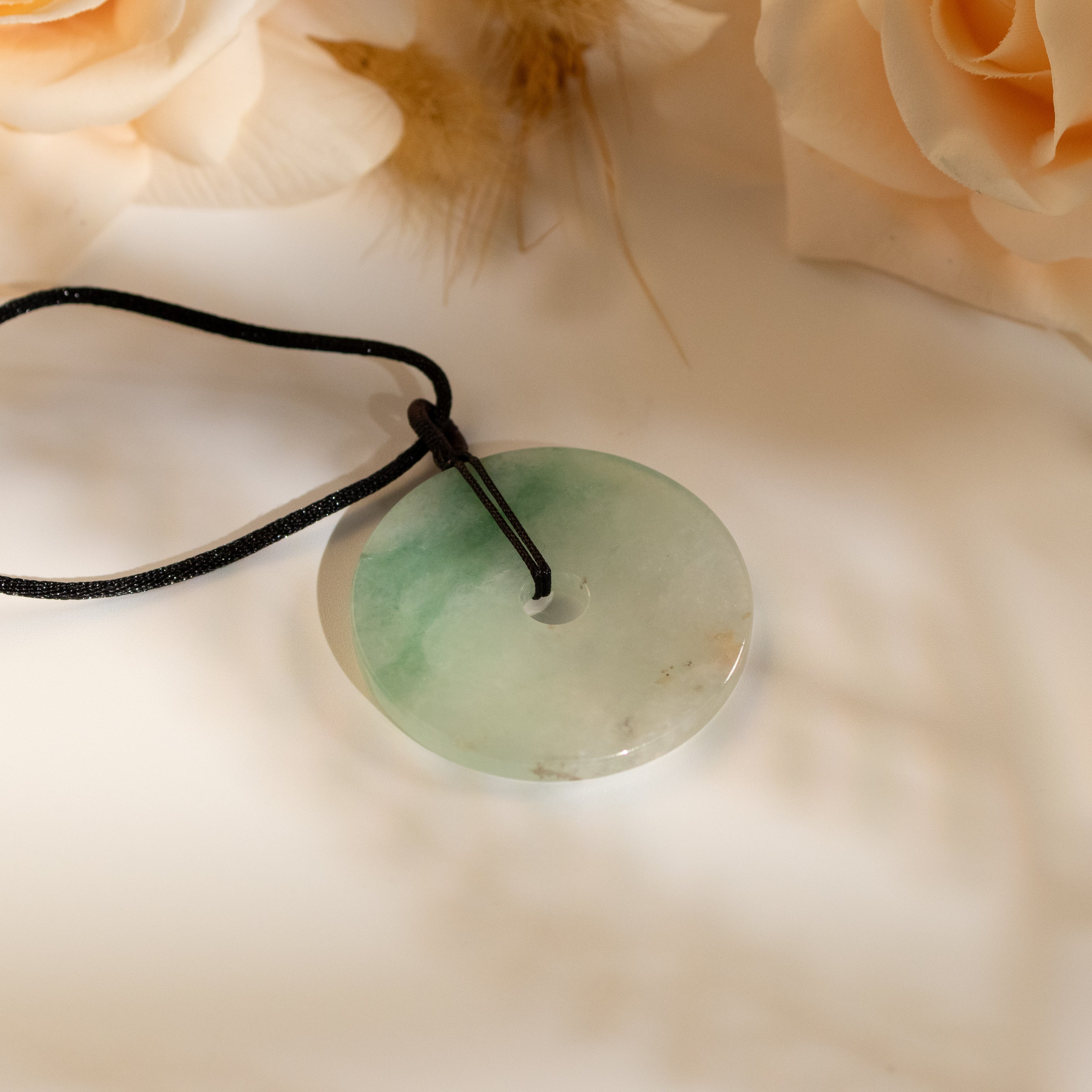 Gradient Bluish Green Jade Disc Pendant Necklace with Adjustable Black Cord
