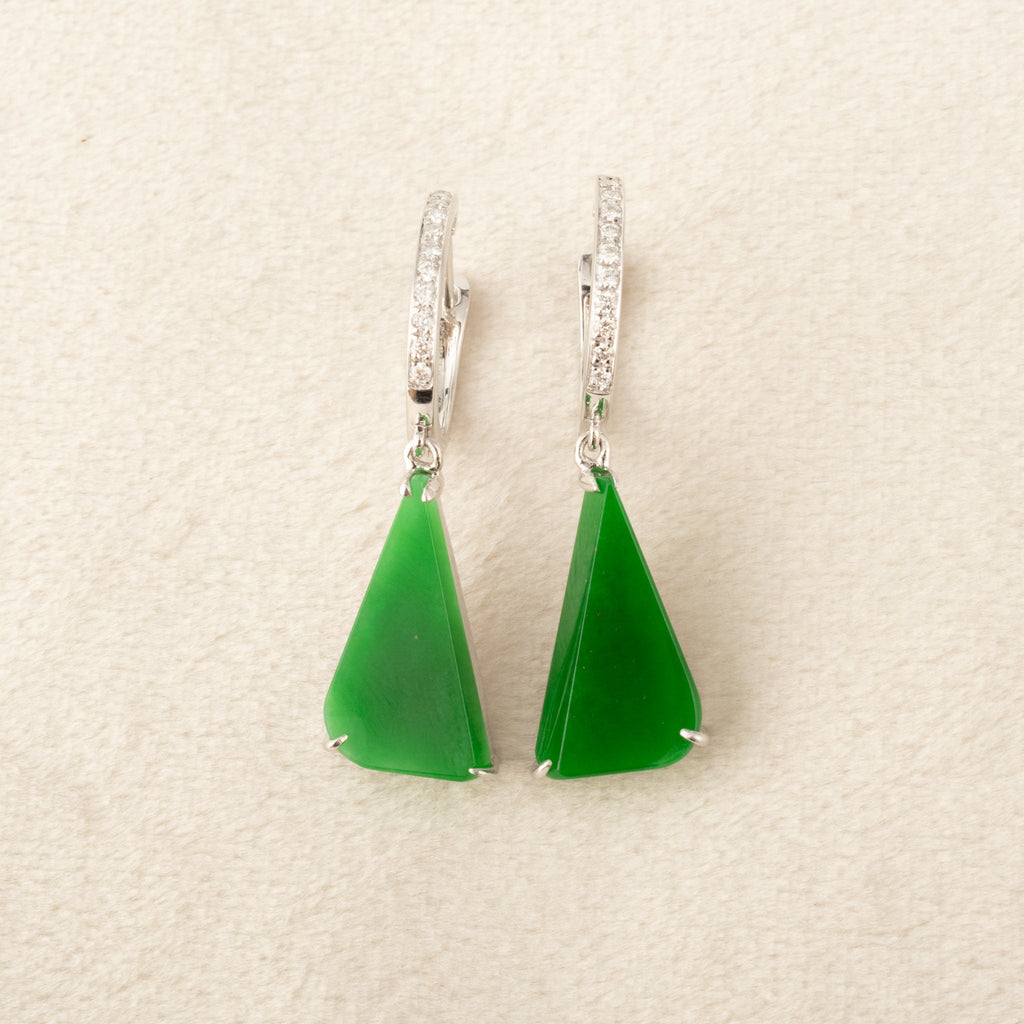 Natural Green Jade Drop Earrings 18K White Gold and Diamonds