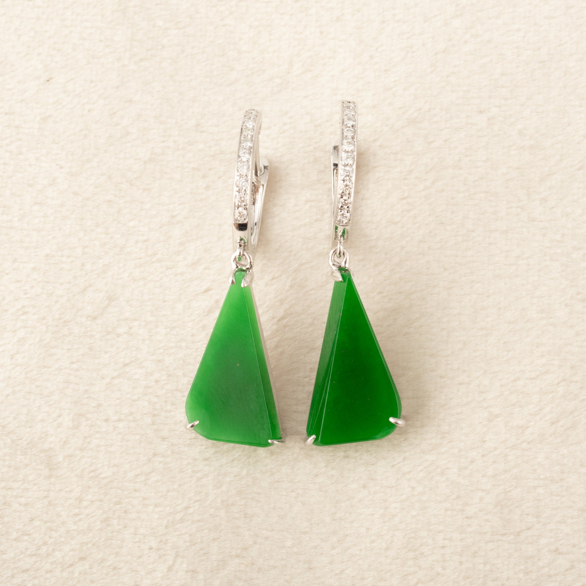 Natural Green Jade Drop Earrings 18K White Gold and Diamonds
