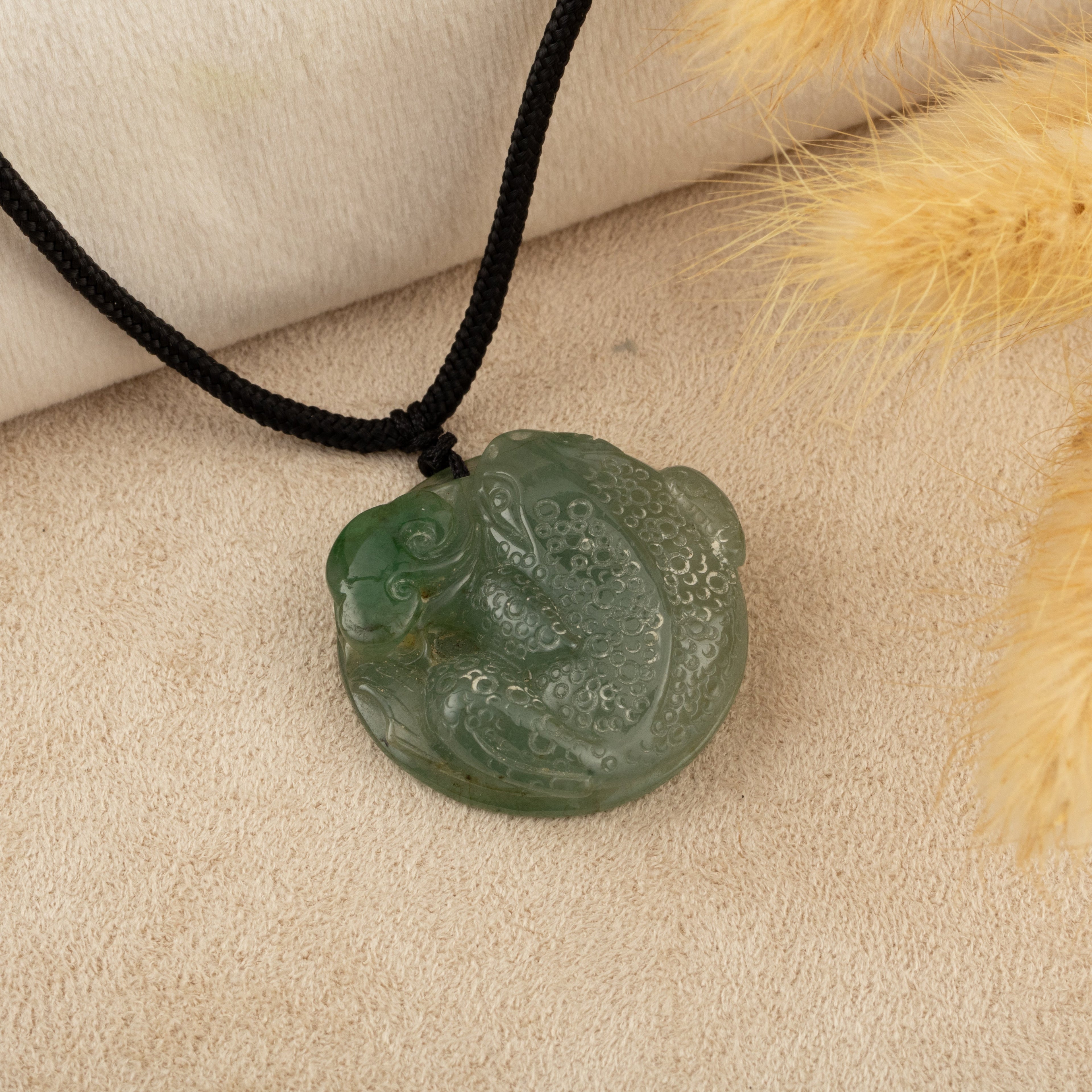 Hand Carved Frog Jade Pendant Natural Burmese Jadeite, Lucky Coin Back