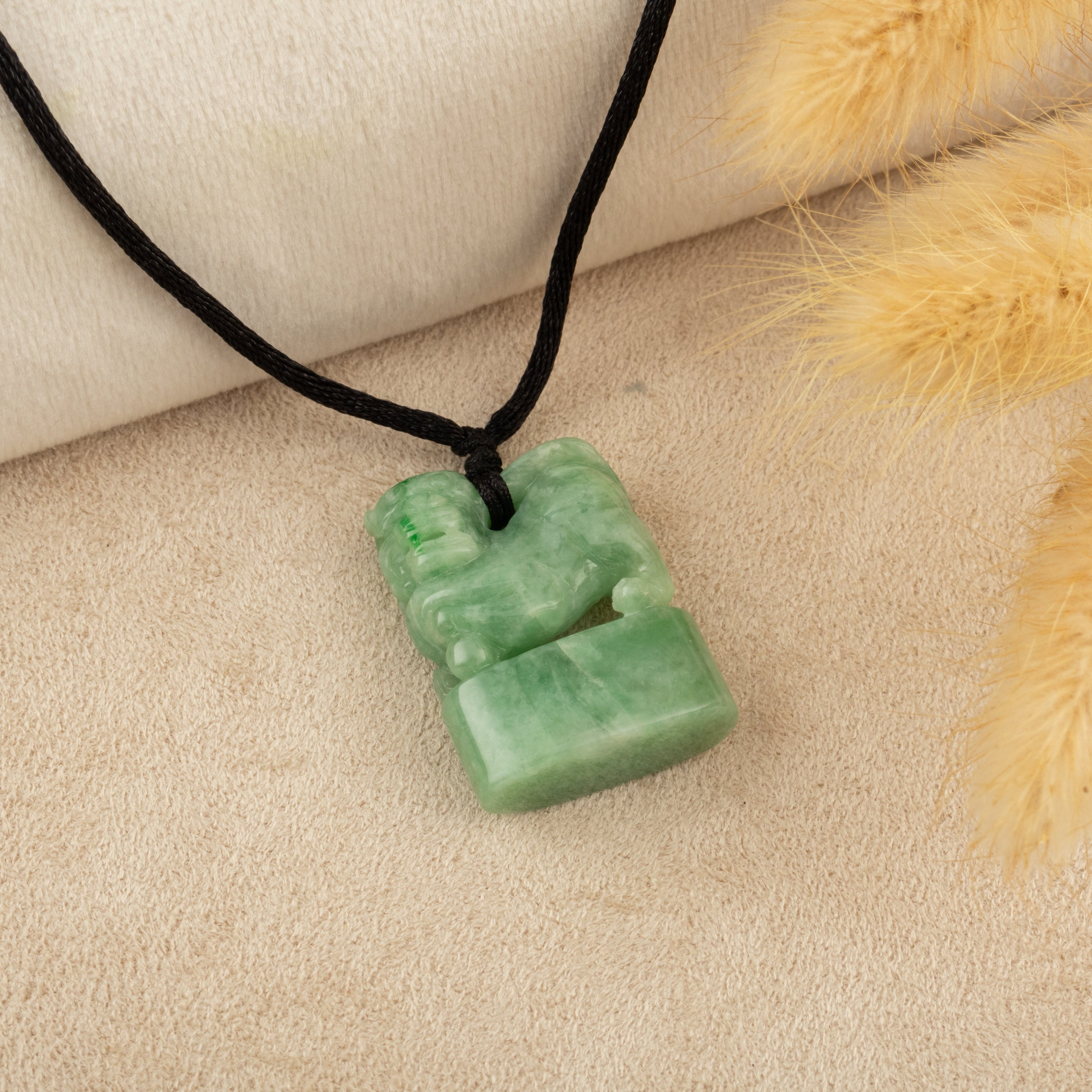 Handcrafted Chinese Green Jade Stamp with Carved Lion