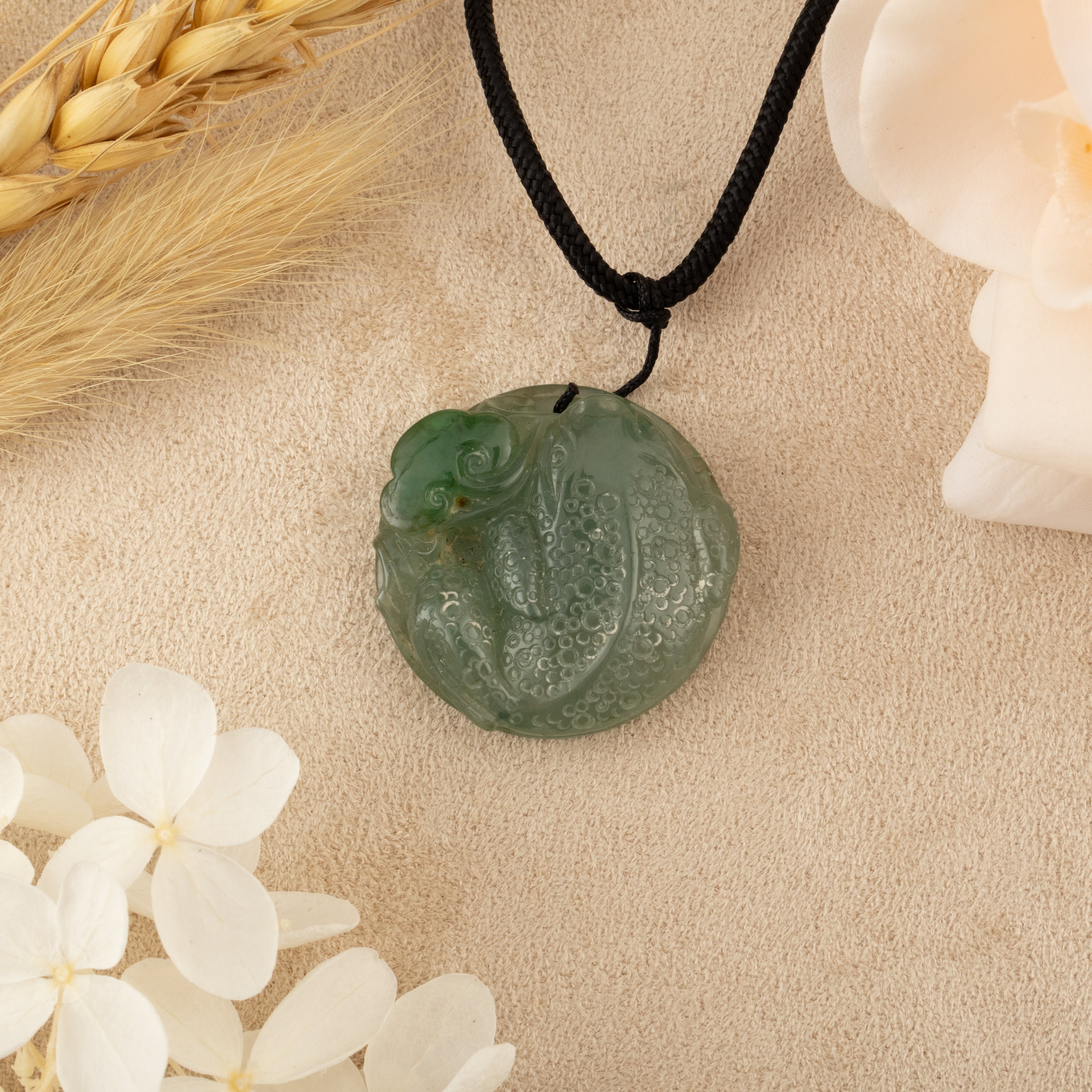 Hand Carved Frog Jade Pendant Natural Burmese Jadeite, Lucky Coin Back