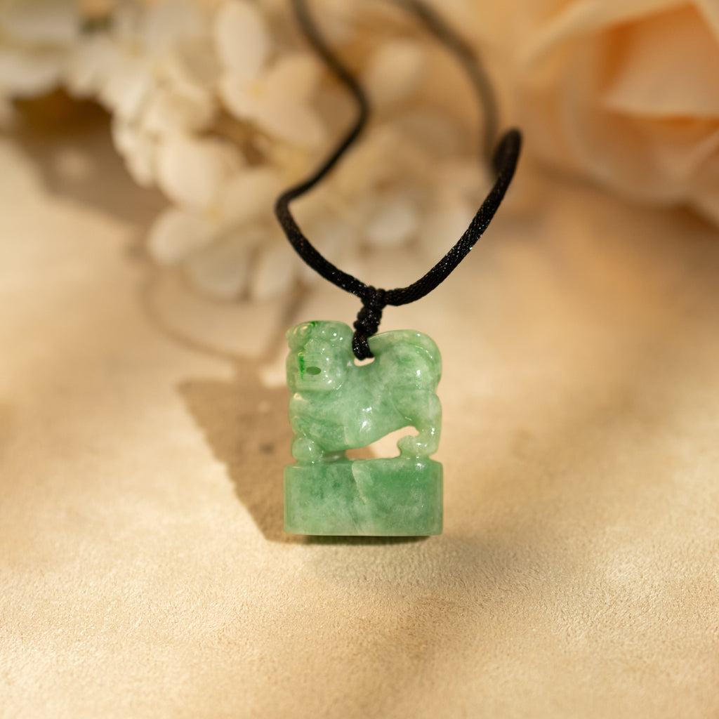 Handcrafted Chinese Green Jade Stamp with Carved Lion
