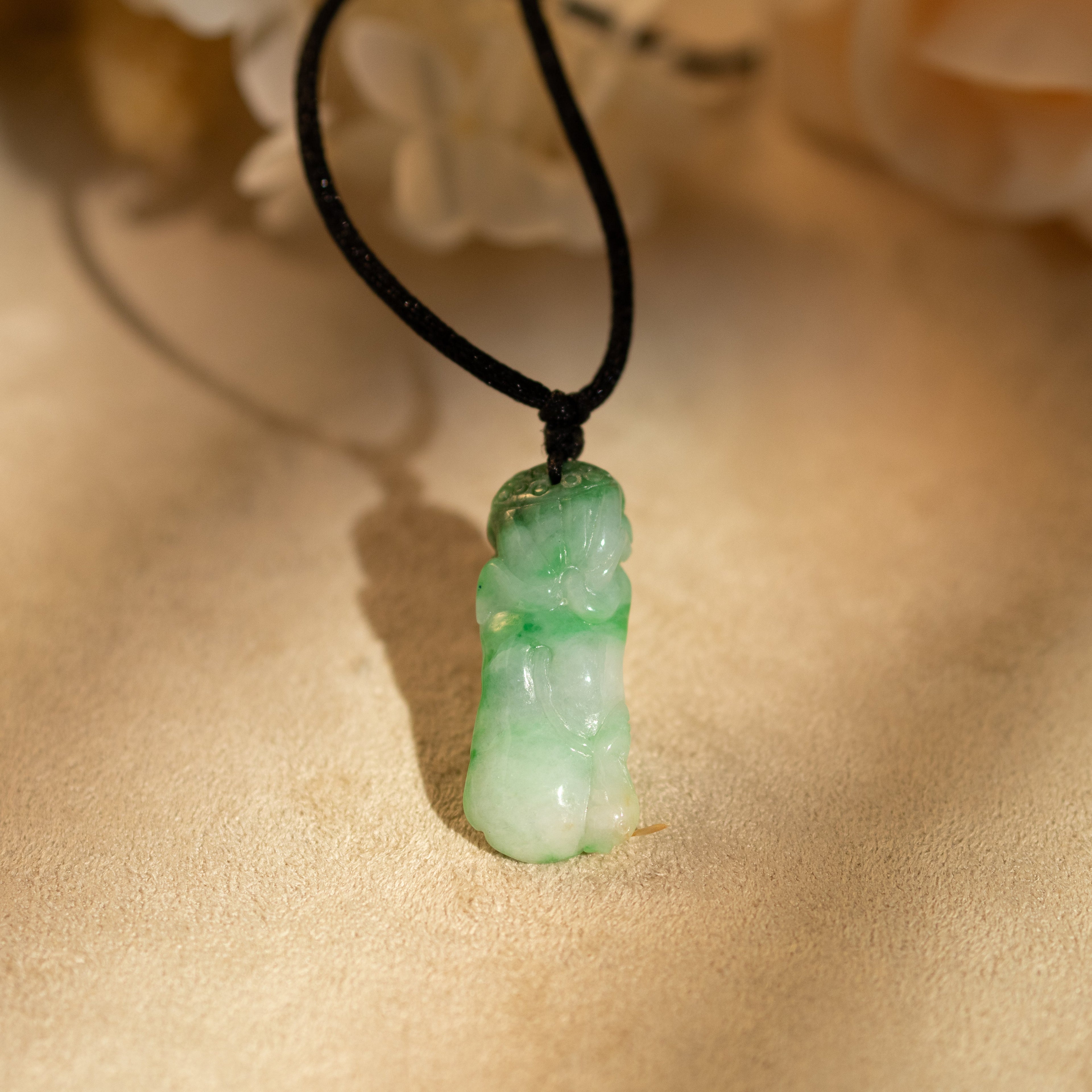 Intense Green Carved Lotus Jade Pendant - Type A Burmese Jadeite