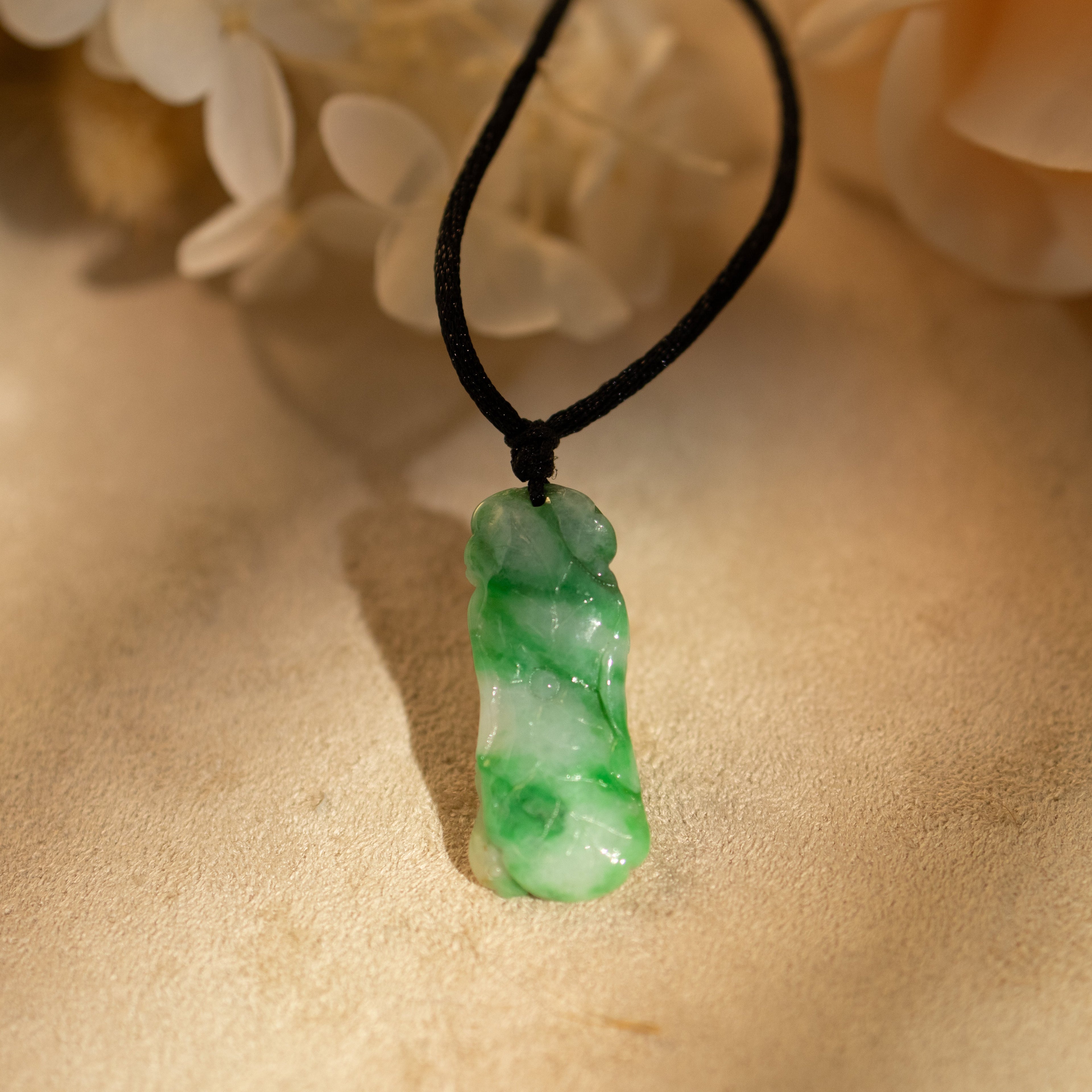 Intense Green Carved Lotus Jade Pendant - Type A Burmese Jadeite