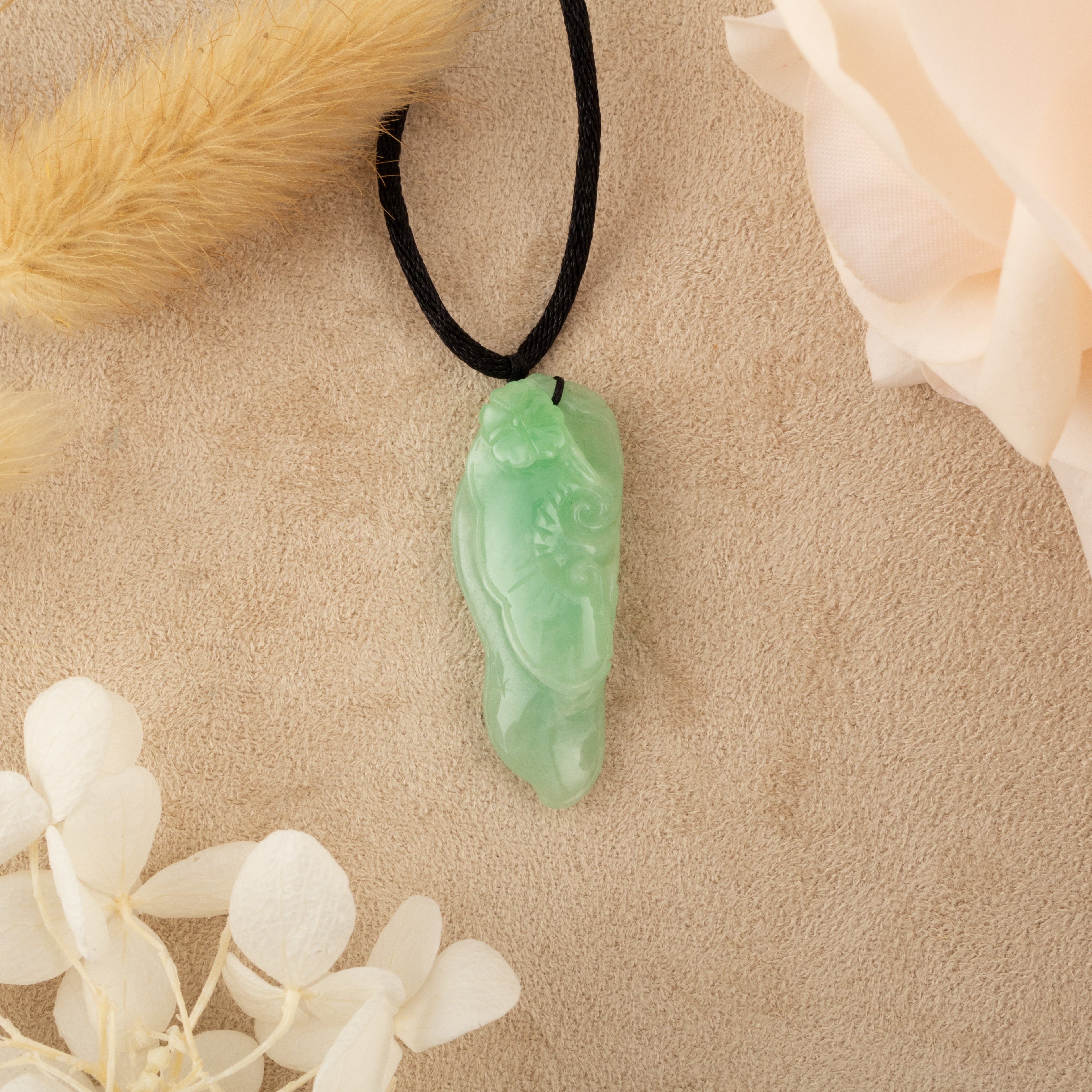 Apple Green Carved Pepper Ruyi Jade Pendant - Type A Burmese Jadeite