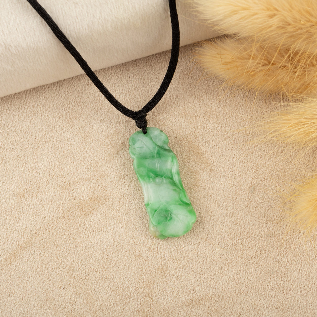 Intense Green Carved Lotus Jade Pendant - Type A Burmese Jadeite