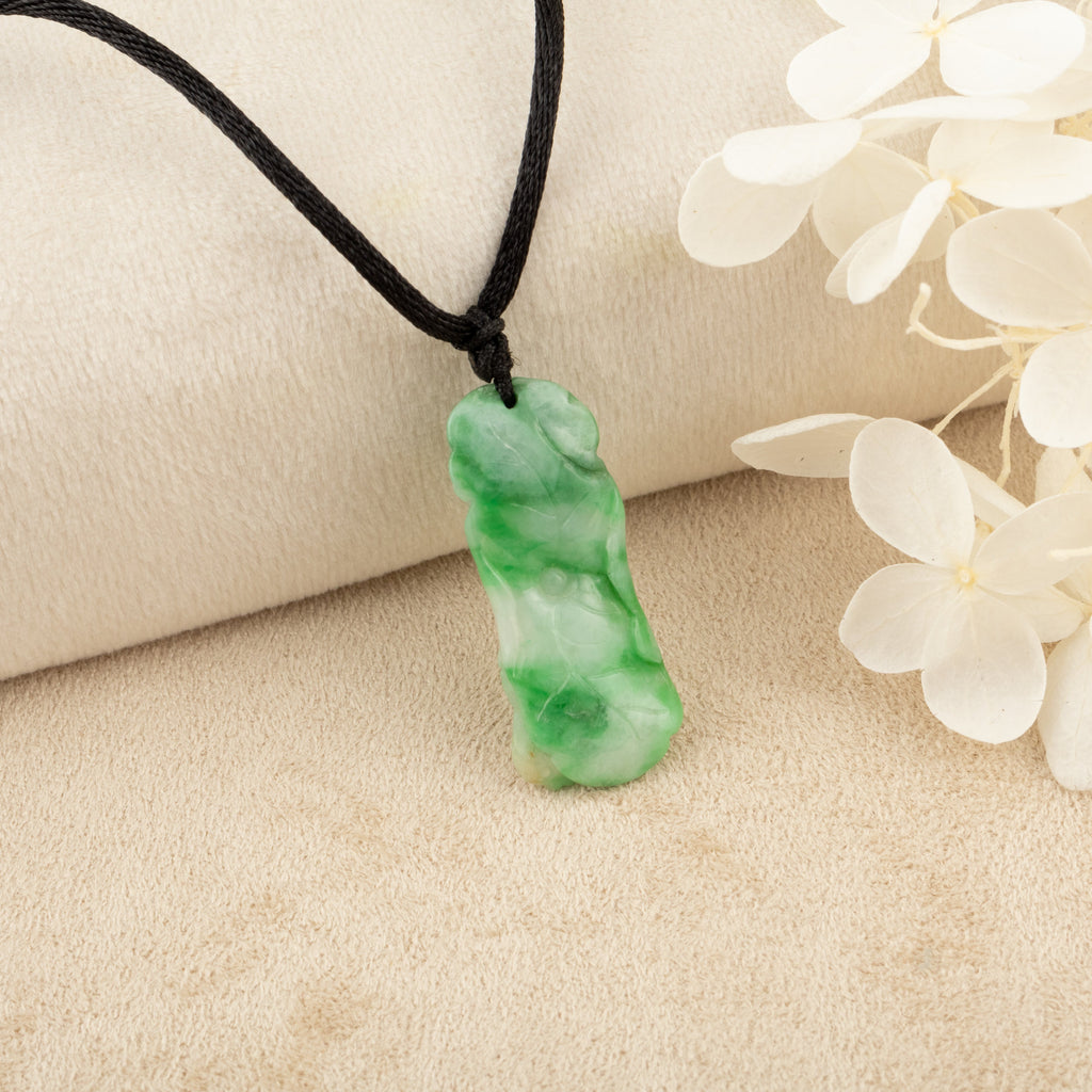 Intense Green Carved Lotus Jade Pendant - Type A Burmese Jadeite