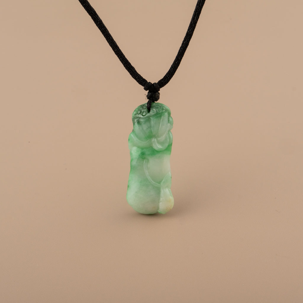 Intense Green Carved Lotus Jade Pendant - Type A Burmese Jadeite