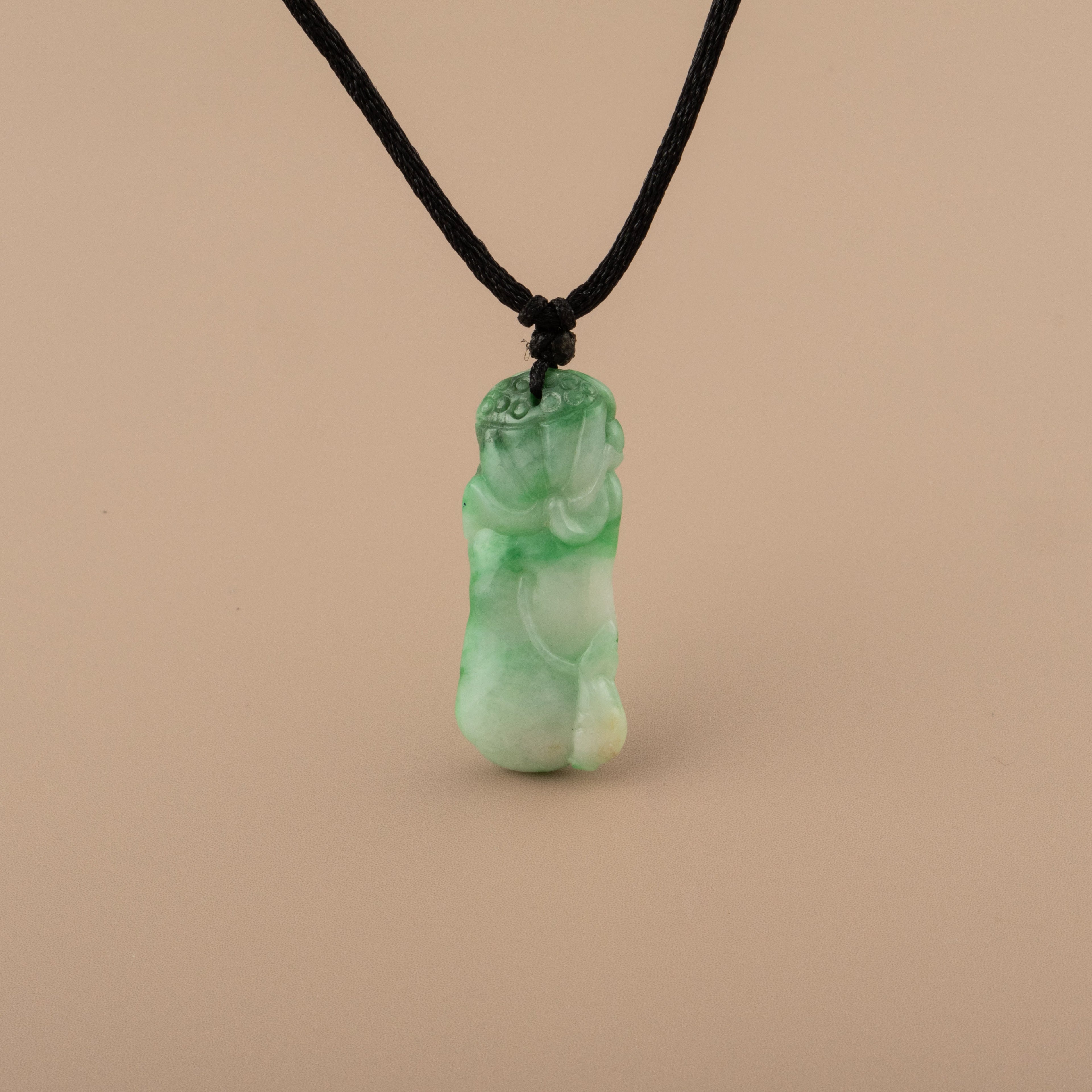 Intense Green Carved Lotus Jade Pendant - Type A Burmese Jadeite