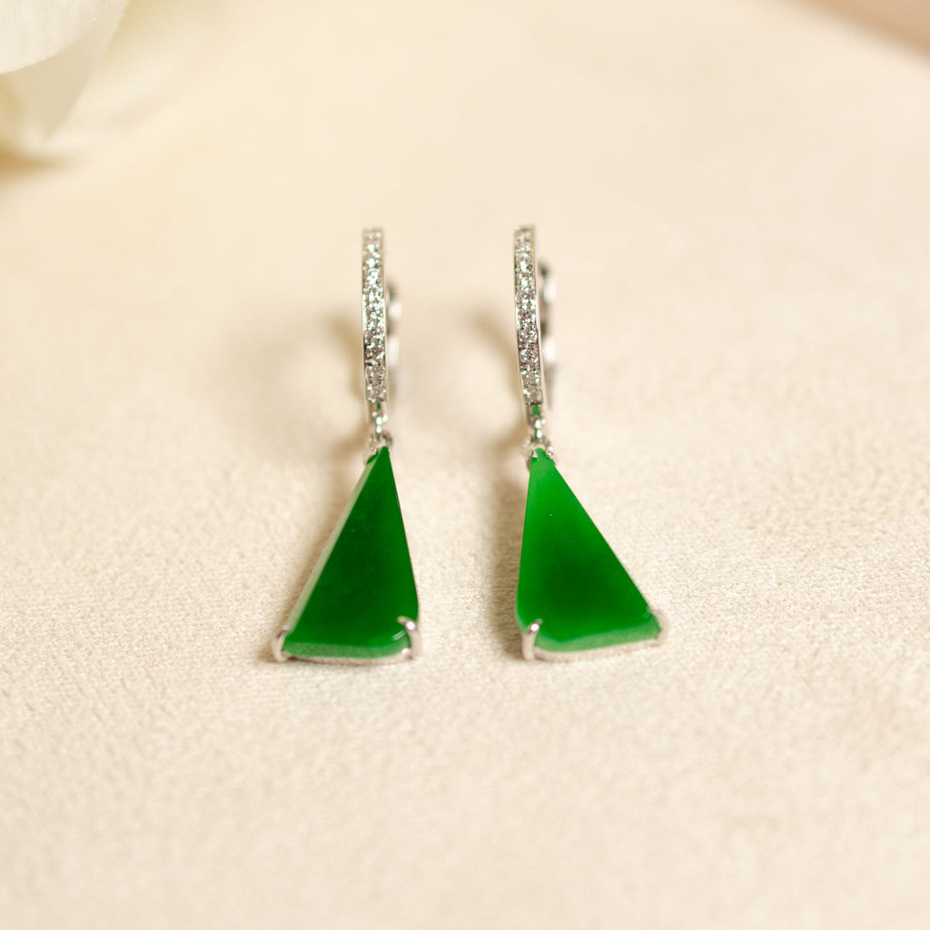 Natural Green Jade Drop Earrings 18K White Gold and Diamonds