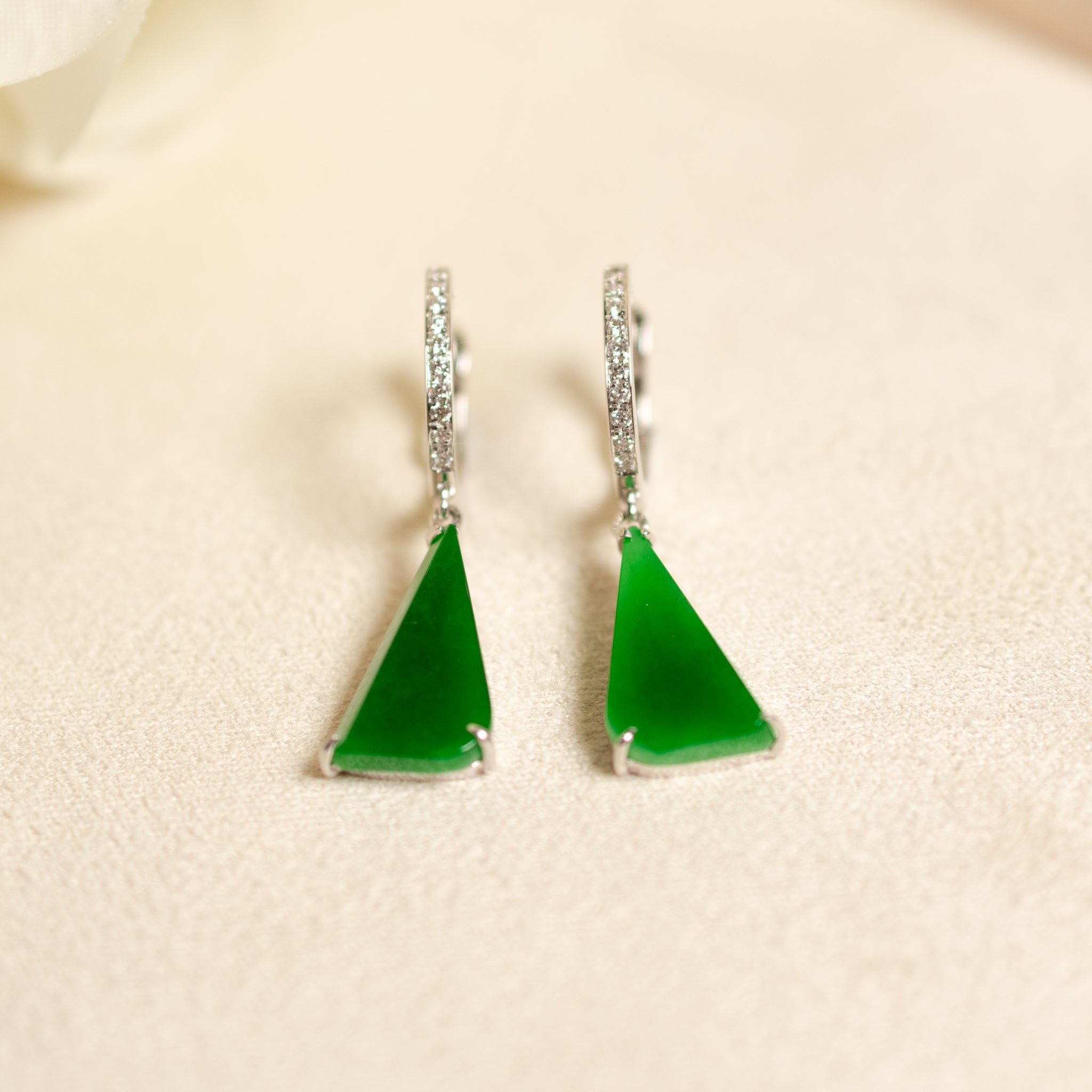 Natural Green Jade Drop Earrings 18K White Gold and Diamonds