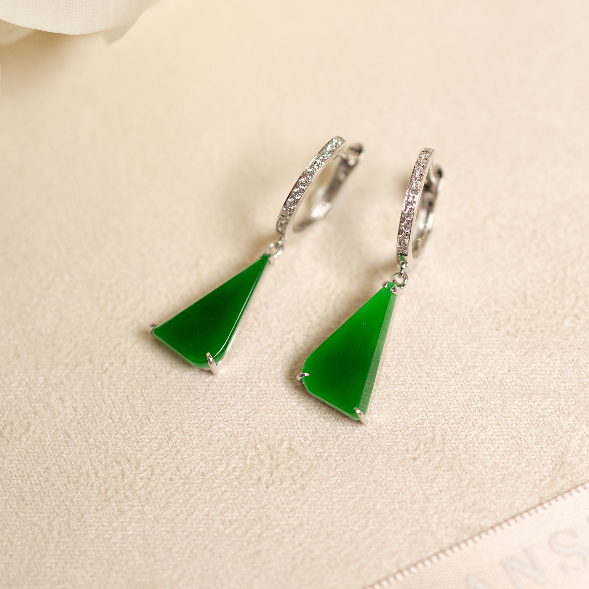 Natural Green Jade Drop Earrings 18K White Gold and Diamonds