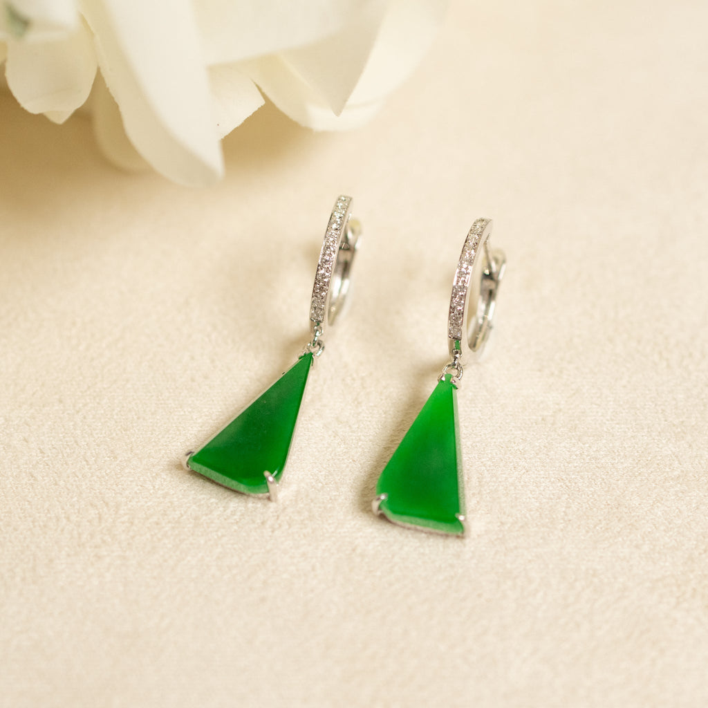 Natural Green Jade Drop Earrings 18K White Gold and Diamonds