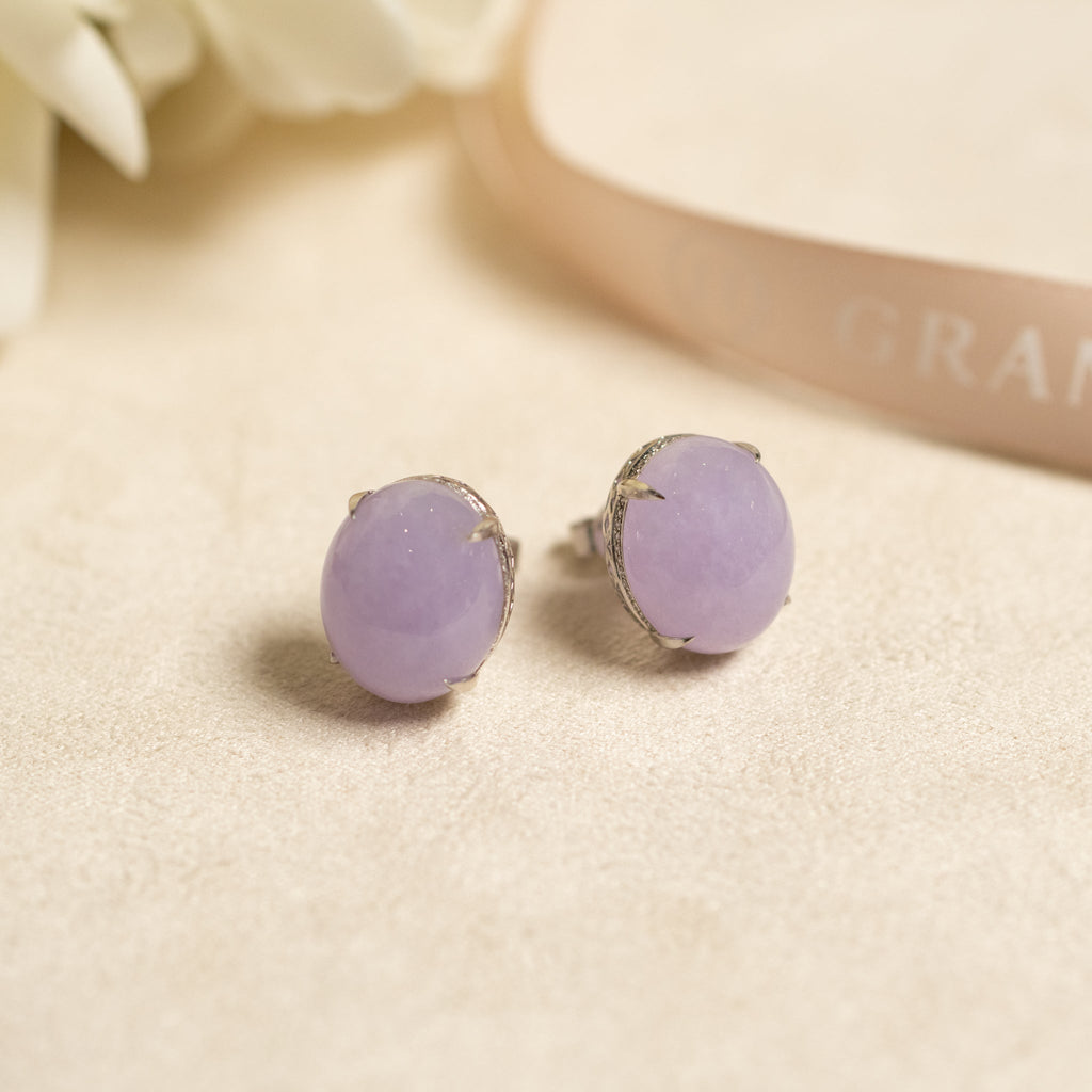 Exquisite Purple Cabochon Jadeite Stud 18K White Gold Earrings – Authentic Burmese Jadeite