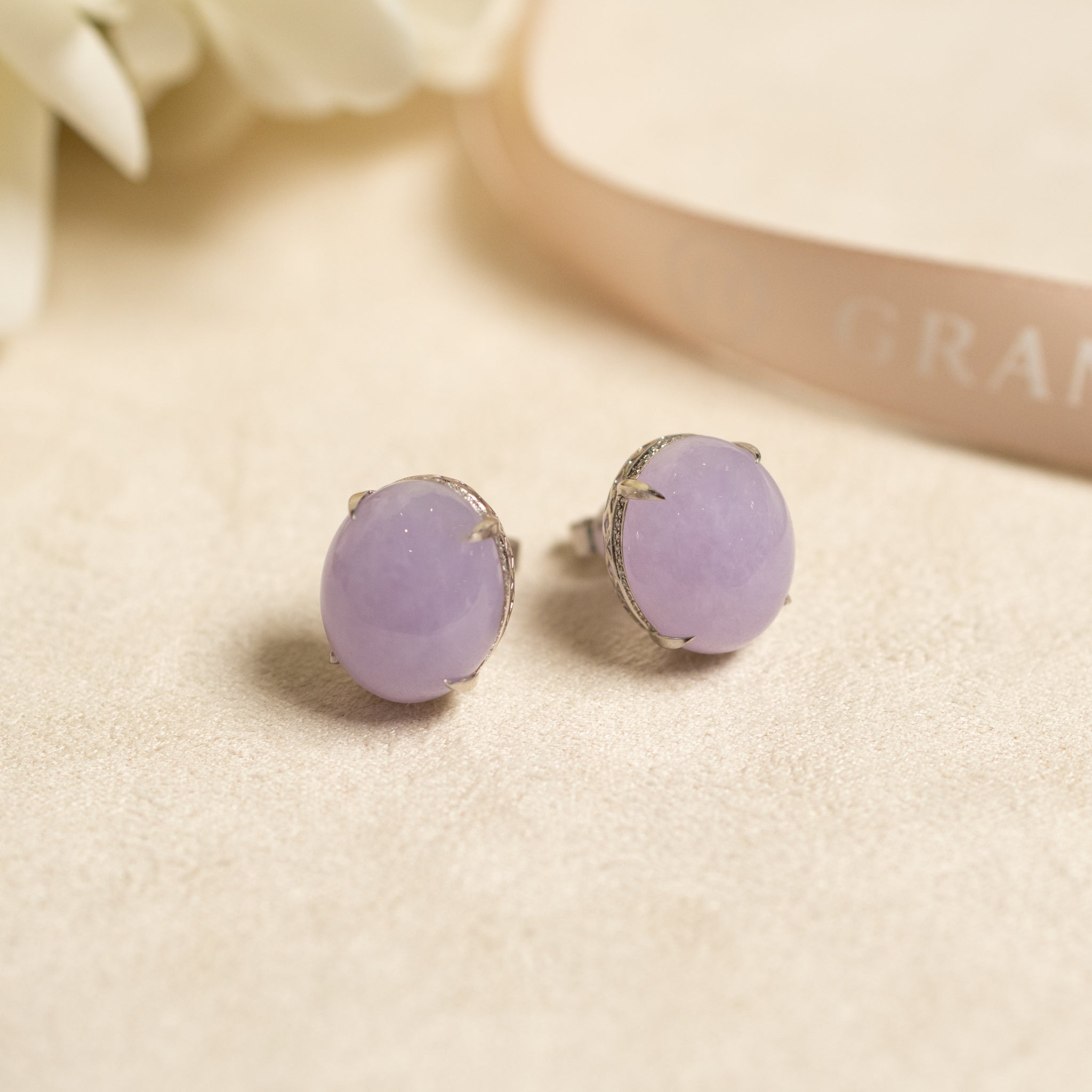 Exquisite Purple Cabochon Jadeite Stud 18K White Gold Earrings – Authentic Burmese Jadeite