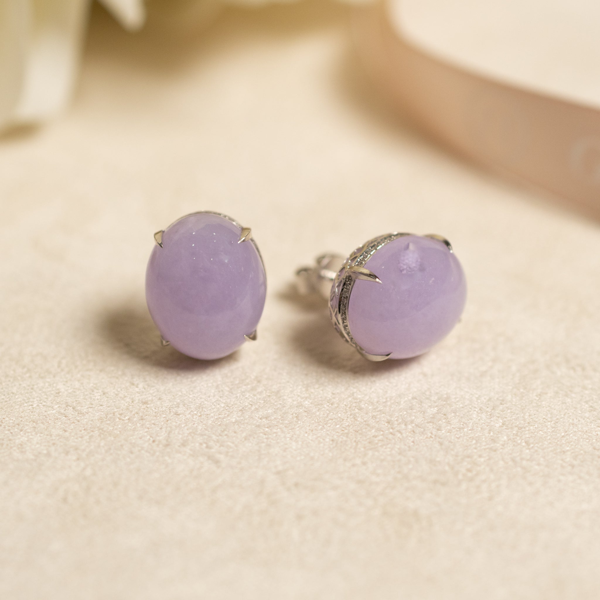 Exquisite Purple Cabochon Jadeite Stud 18K White Gold Earrings – Authentic Burmese Jadeite