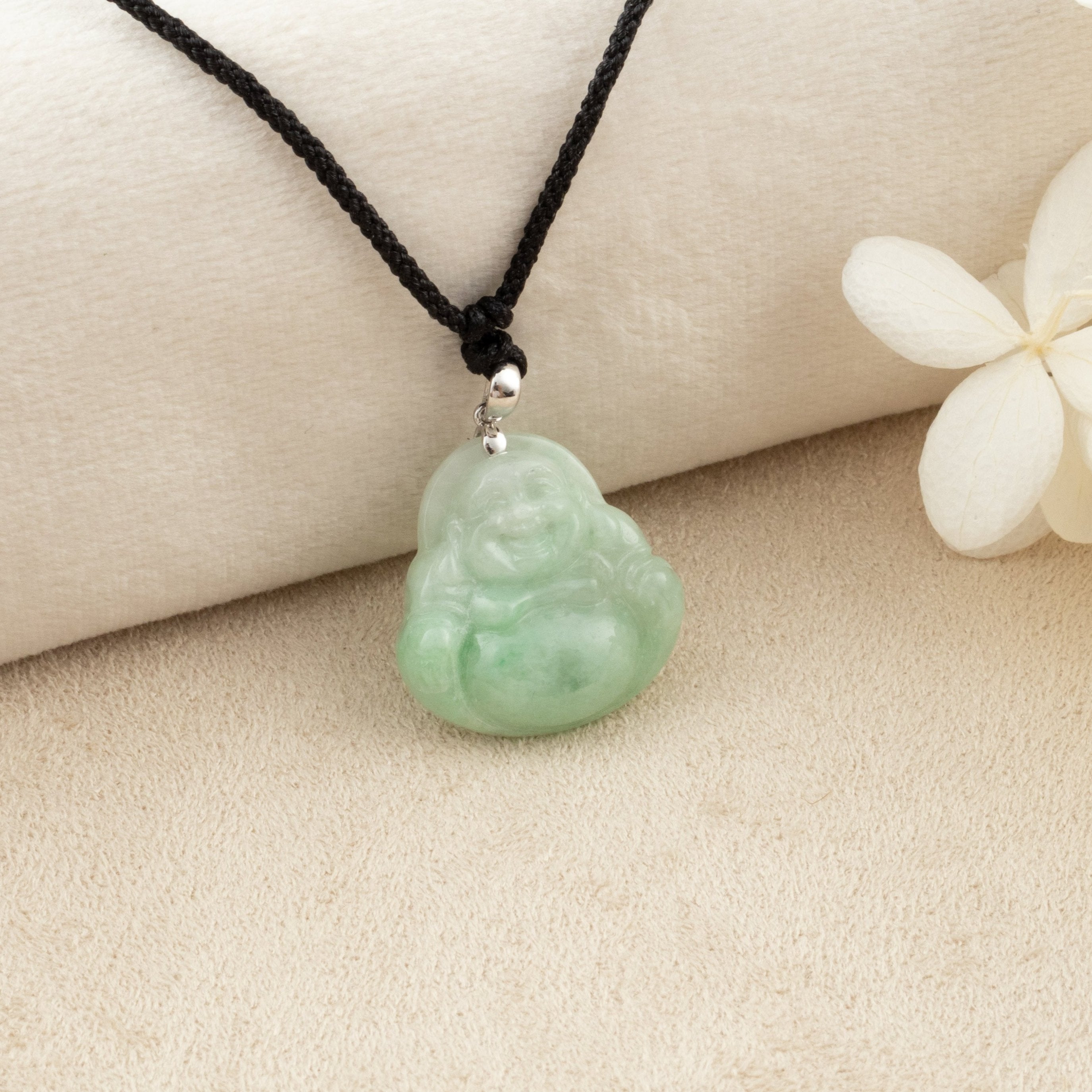 Green Jade Buddha Pendant with 18k Gold Bail - Symbol of Peace and Serenity