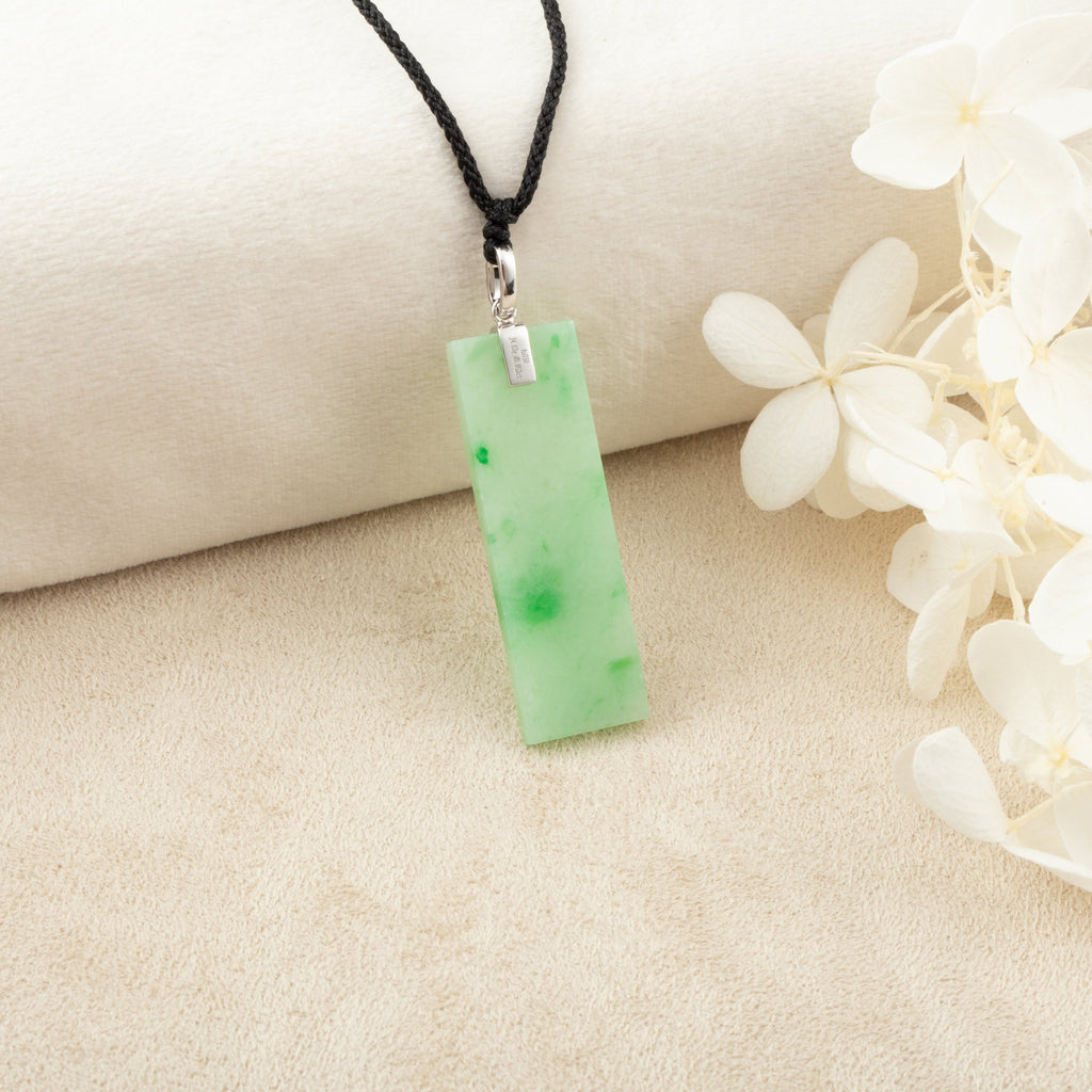 Green Jade Rectangular Pendant 18k White Gold Bail and Diamonds Grade A Burmese