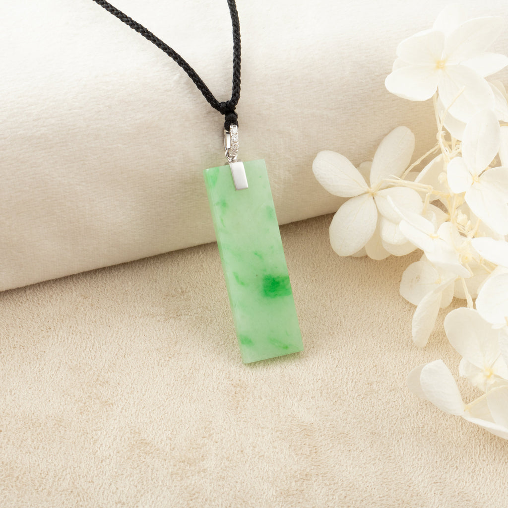Green Jade Rectangular Pendant 18k White Gold Bail and Diamonds Grade A Burmese
