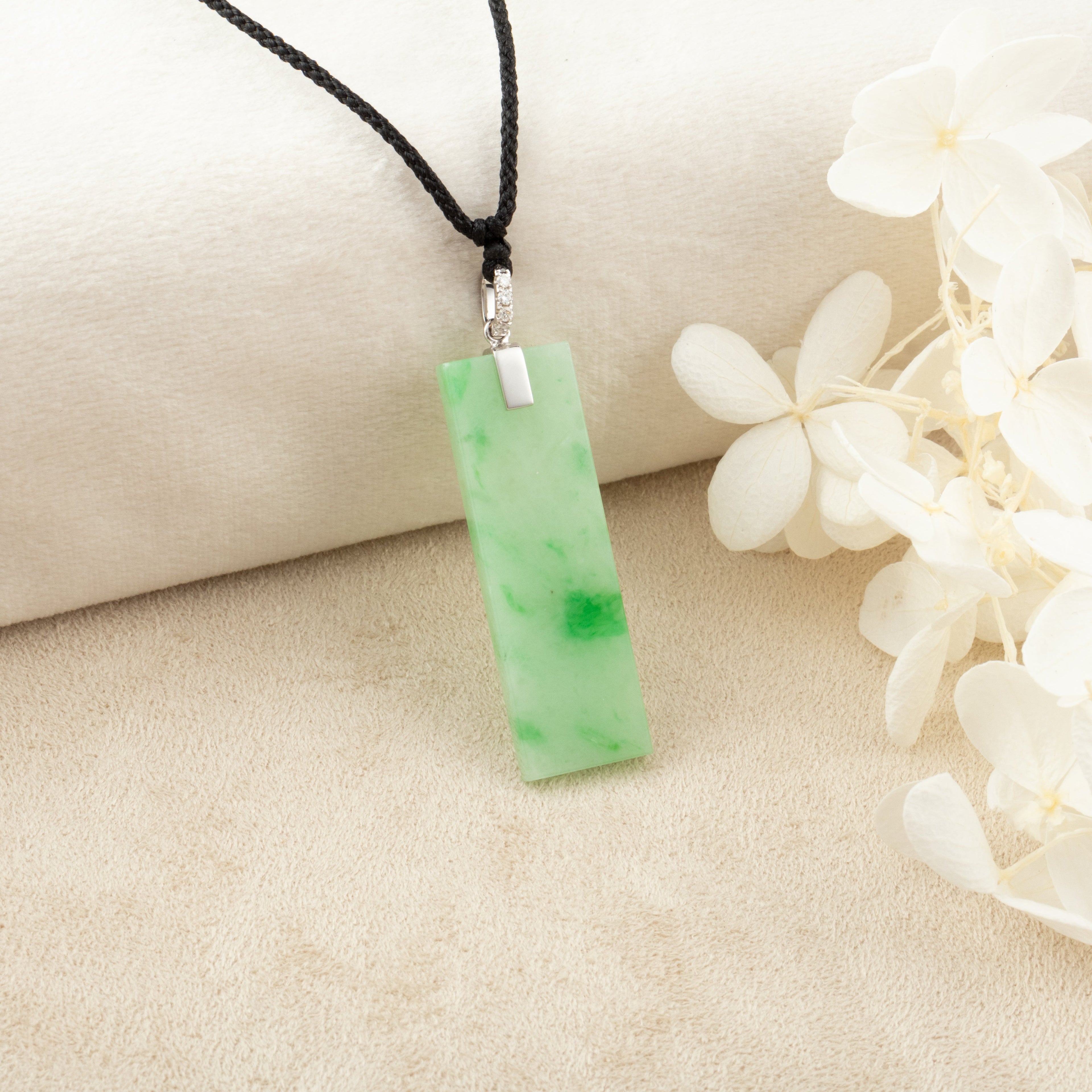 Green Jade Rectangular Pendant 18k White Gold Bail and Diamonds Grade A Burmese