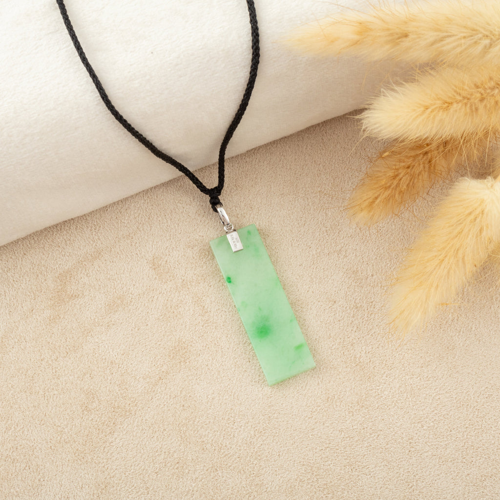 Green Jade Rectangular Pendant 18k White Gold Bail and Diamonds Grade A Burmese