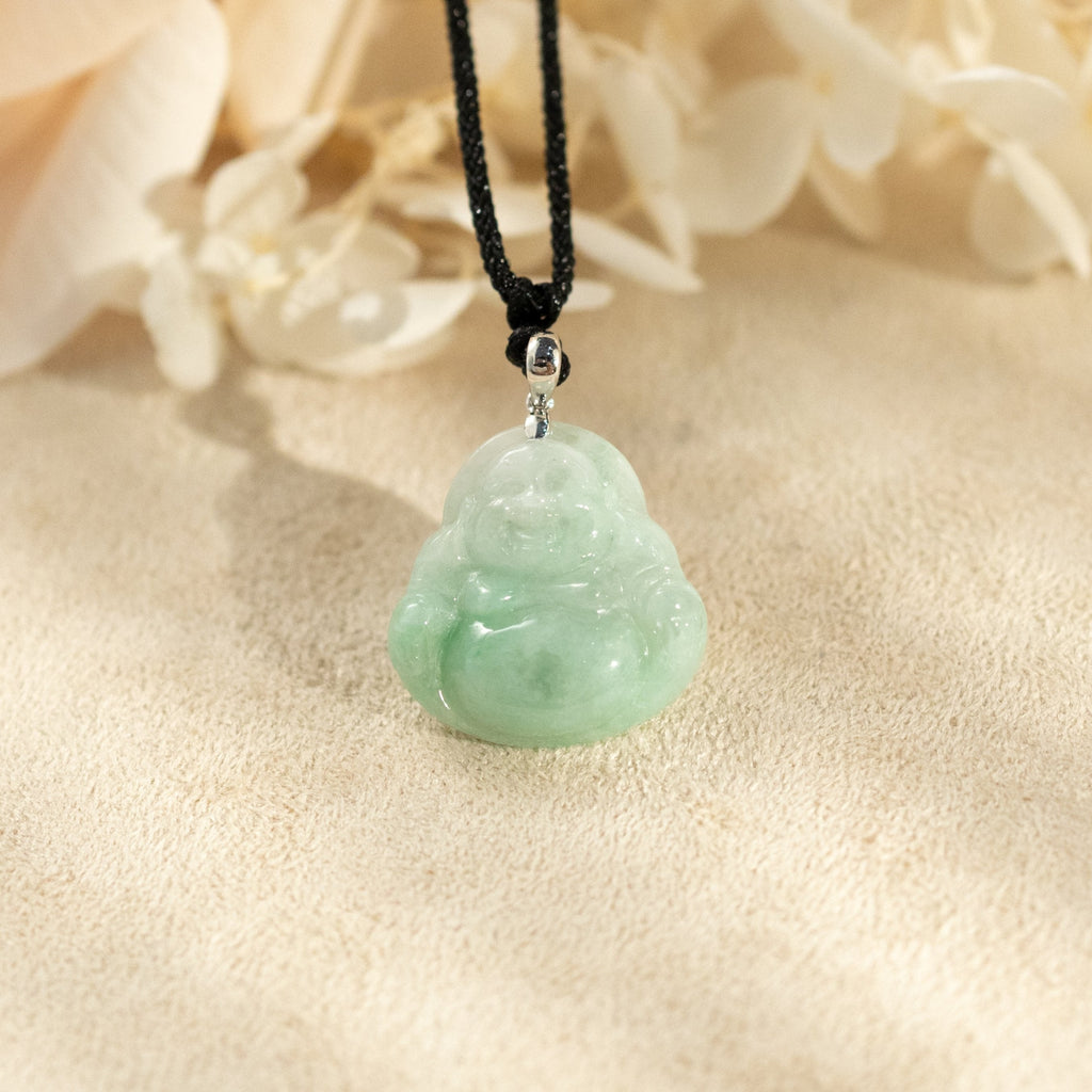 Green Jade Buddha Pendant with 18k Gold Bail - Symbol of Peace and Serenity