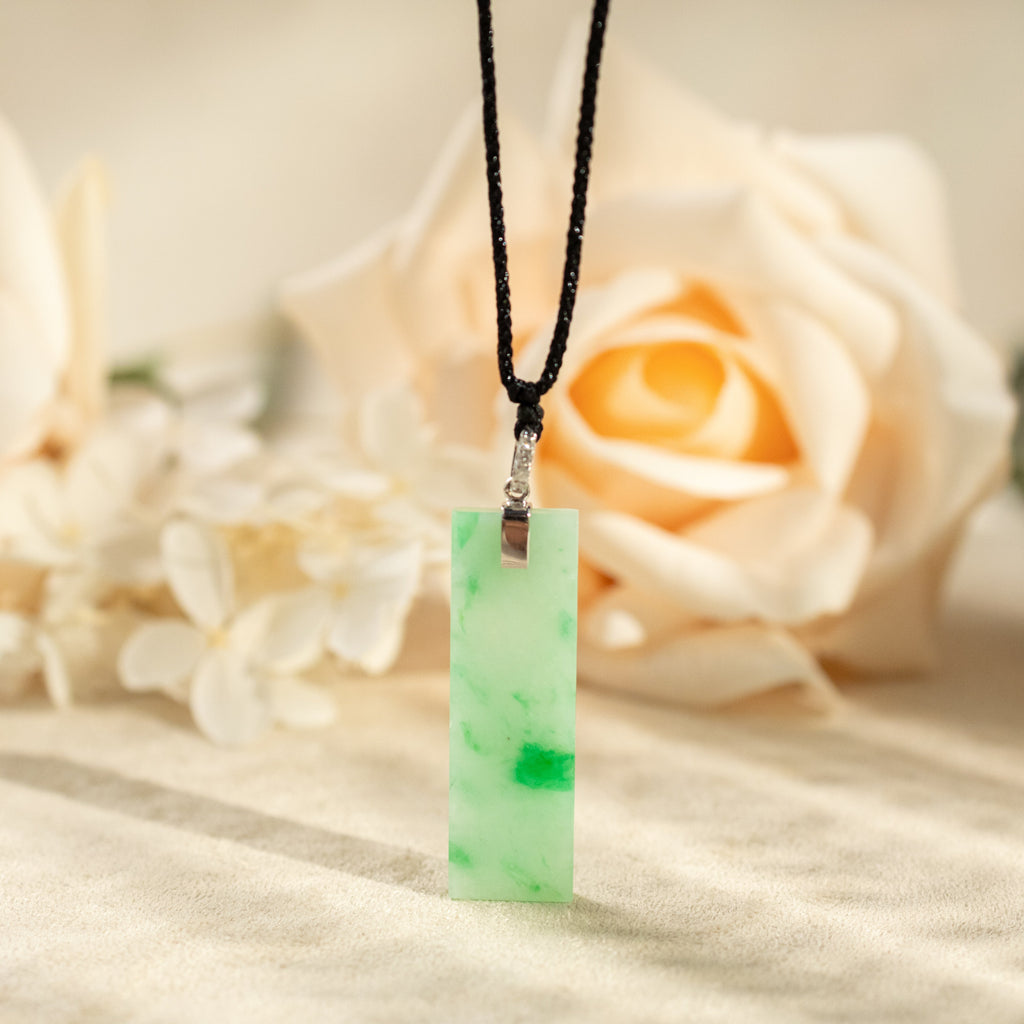 Green Jade Rectangular Pendant 18k White Gold Bail and Diamonds Grade A Burmese