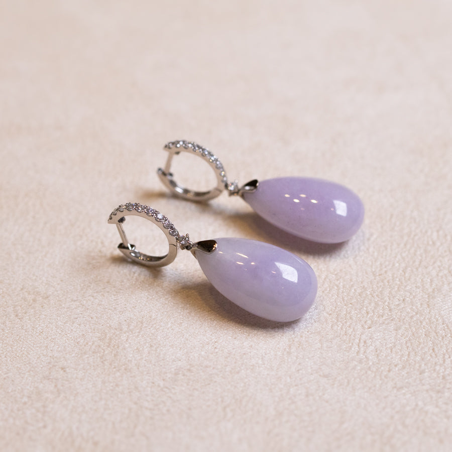 18k White Gold Diamonds Intense Purple Teardrop Jade Drop Earrings
