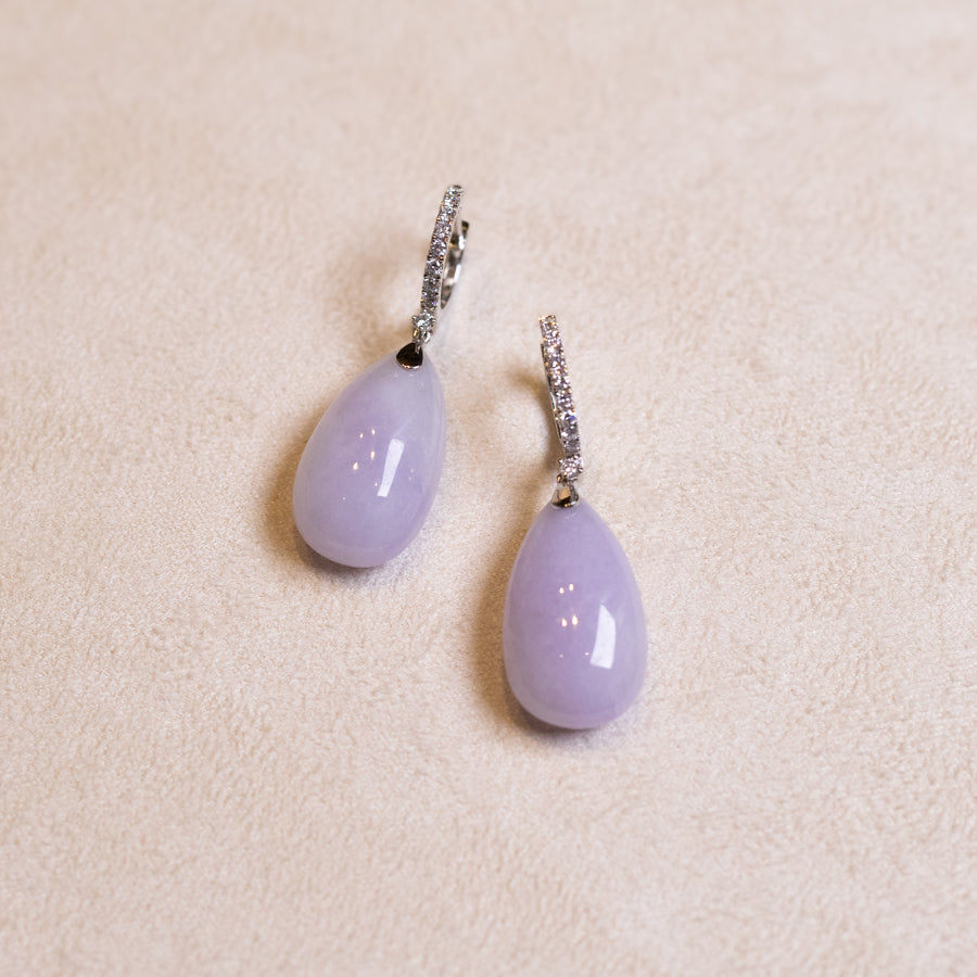 18k White Gold Diamonds Intense Purple Teardrop Jade Drop Earrings