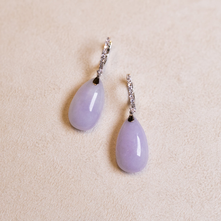 18k White Gold Diamonds Intense Purple Teardrop Jade Drop Earrings