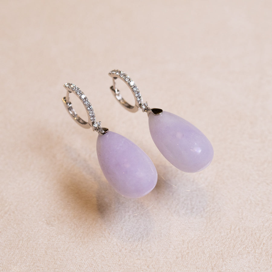 18k White Gold Diamonds Intense Purple Teardrop Jade Drop Earrings