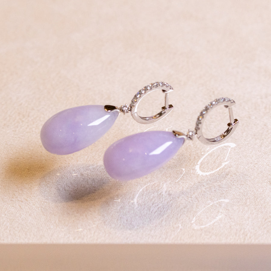 18k White Gold Diamonds Intense Purple Teardrop Jade Drop Earrings