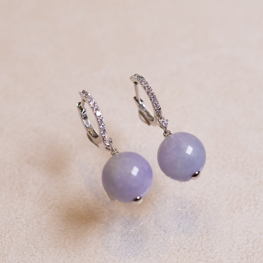 18k White Gold Diamonds Intense Purple Bead Jade Drop Earrings