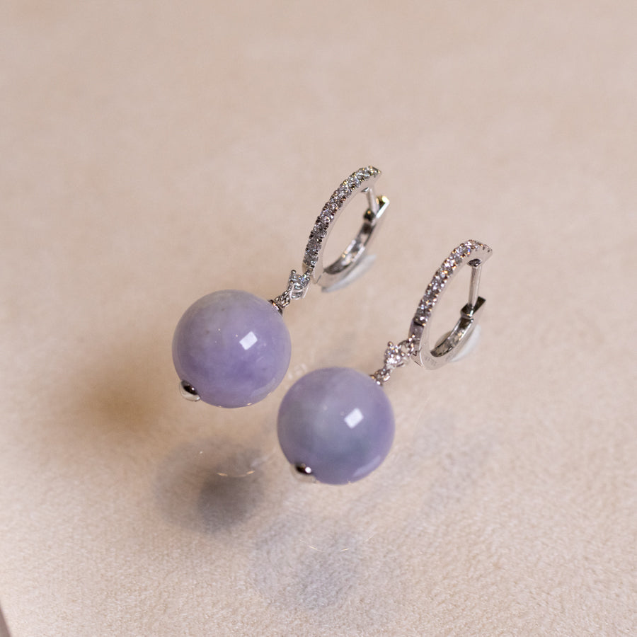 18k White Gold Diamonds Intense Purple Bead Jade Drop Earrings