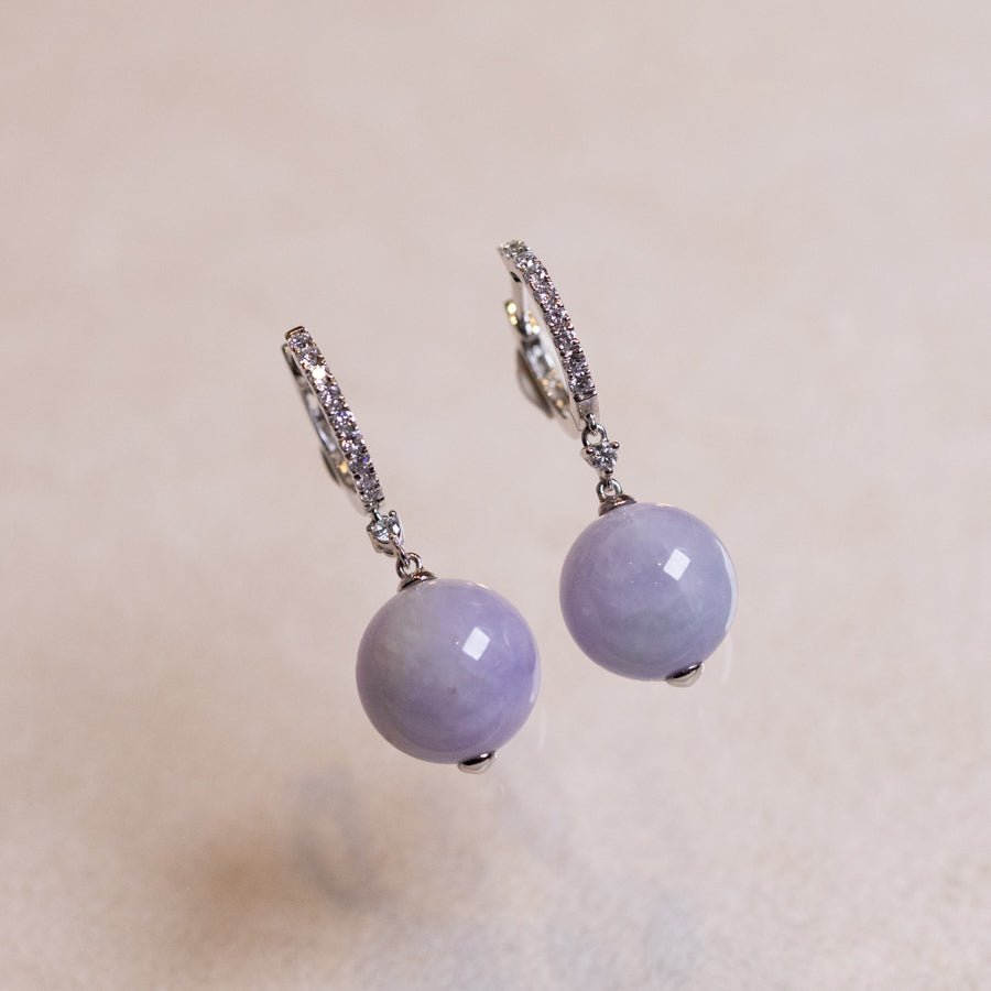 18k White Gold Diamonds Intense Purple Bead Jade Drop Earrings
