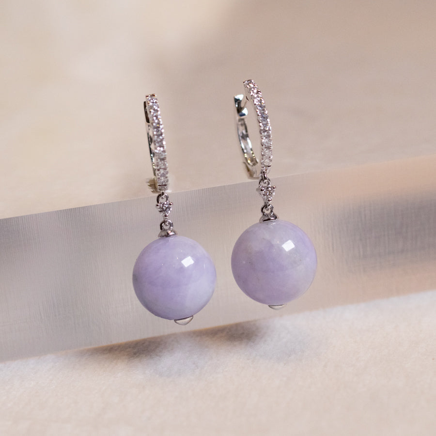 18k White Gold Diamonds Intense Purple Bead Jade Drop Earrings