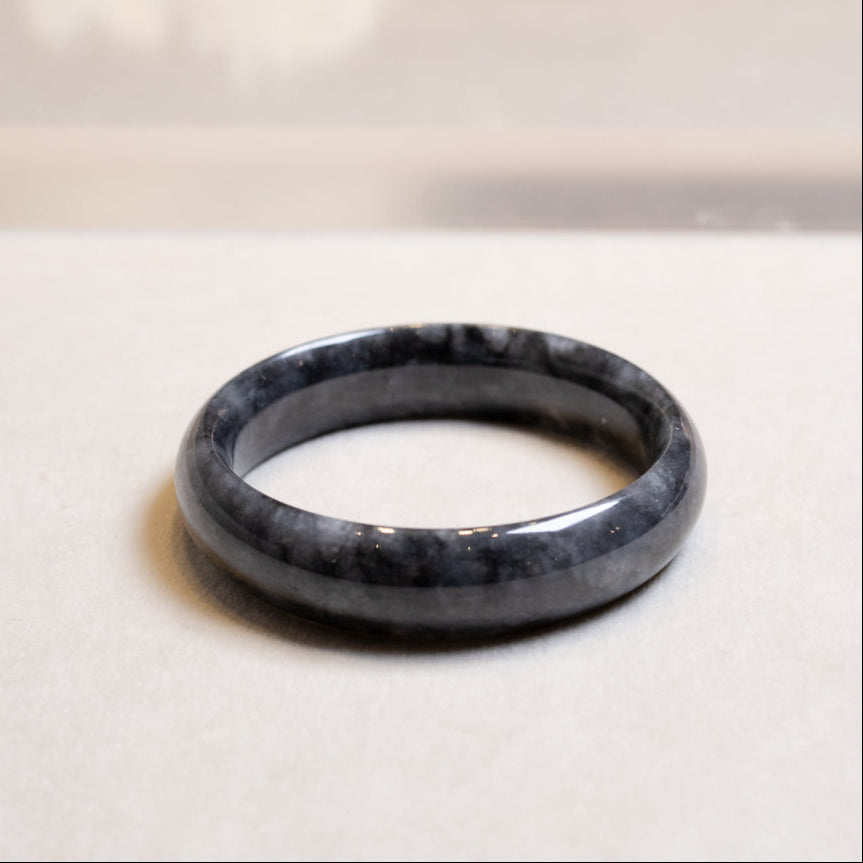 Intense Grey Jadeite Bangle Bracelet – Natural Type-A Jadeite, Flat Shape, 54mm-59mm Sizes